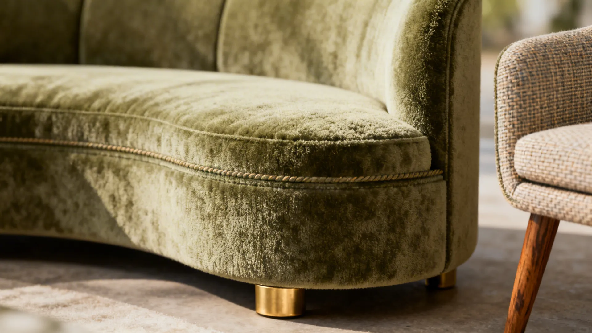 Macro detail of curved loveseat upholstery and brass accents with textured weave and teak grain.