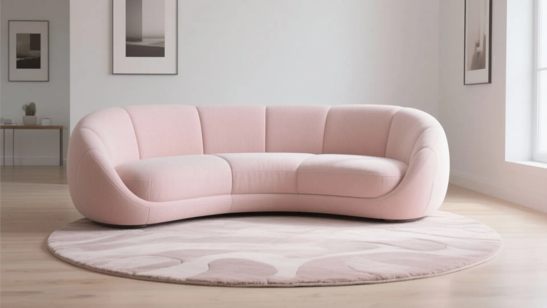 Pale blush curved sofa with round rug in open apartment