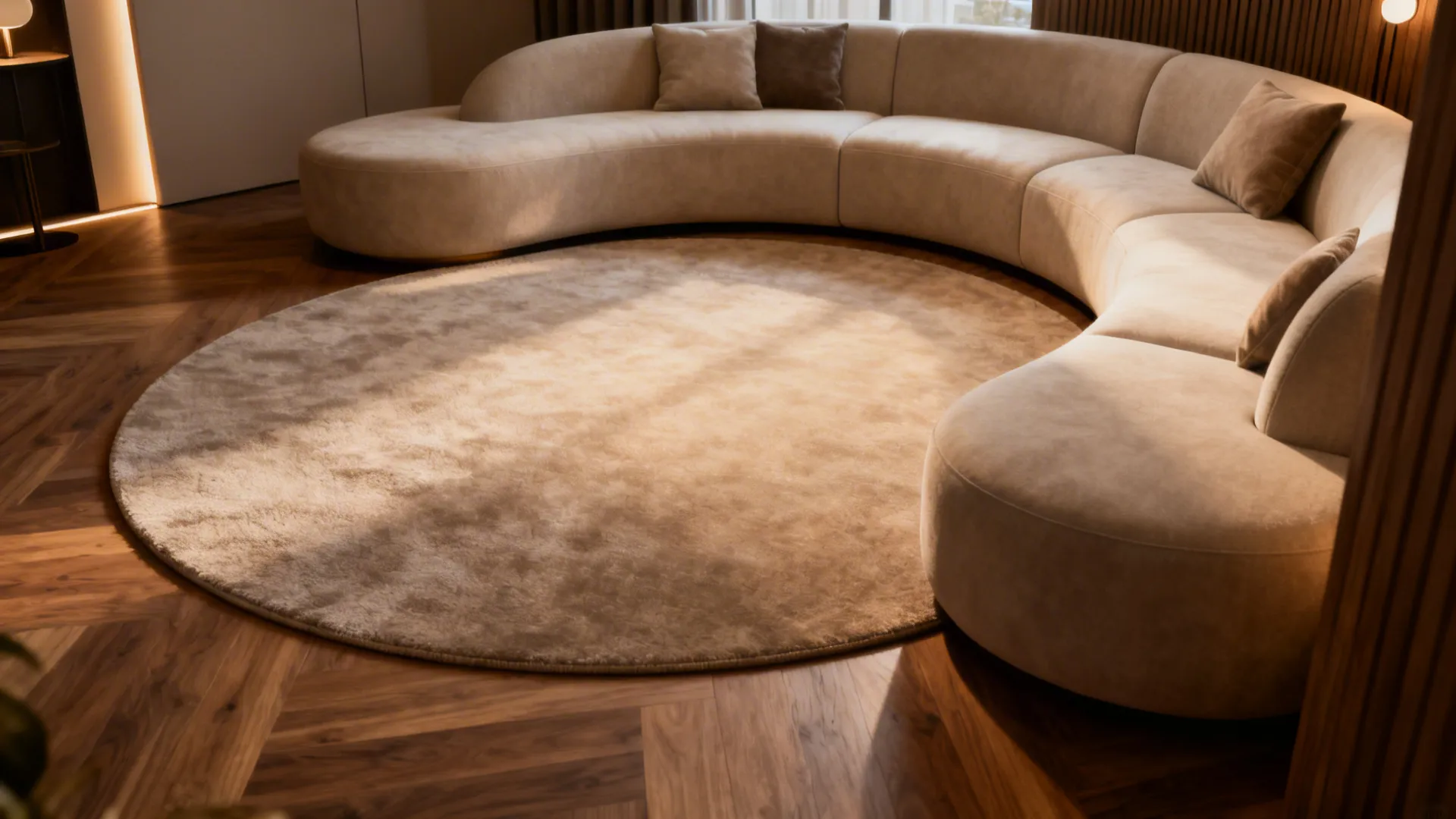 Curved sofa segment with a rounded rug creating a soft conversational corner.