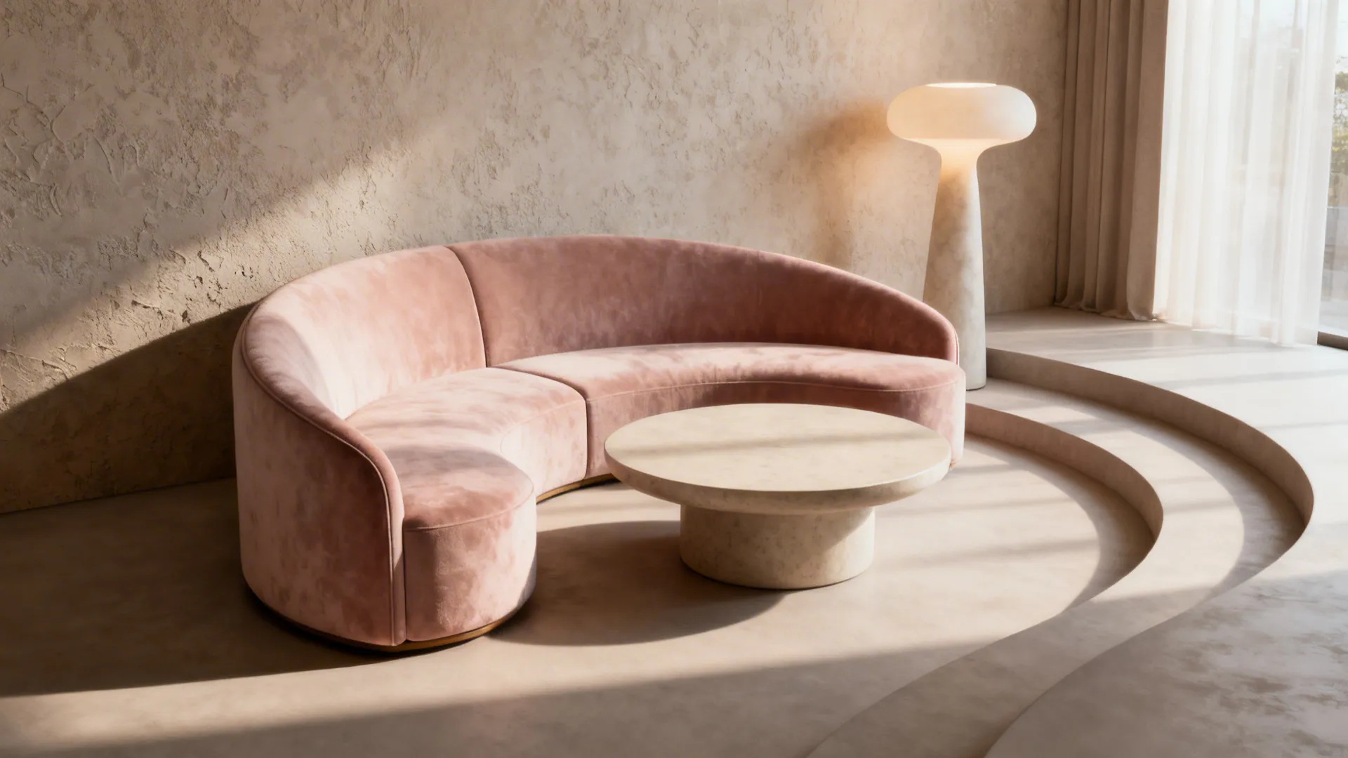 Compact lounge with a curved crescent sofa forming an intimate seating area.