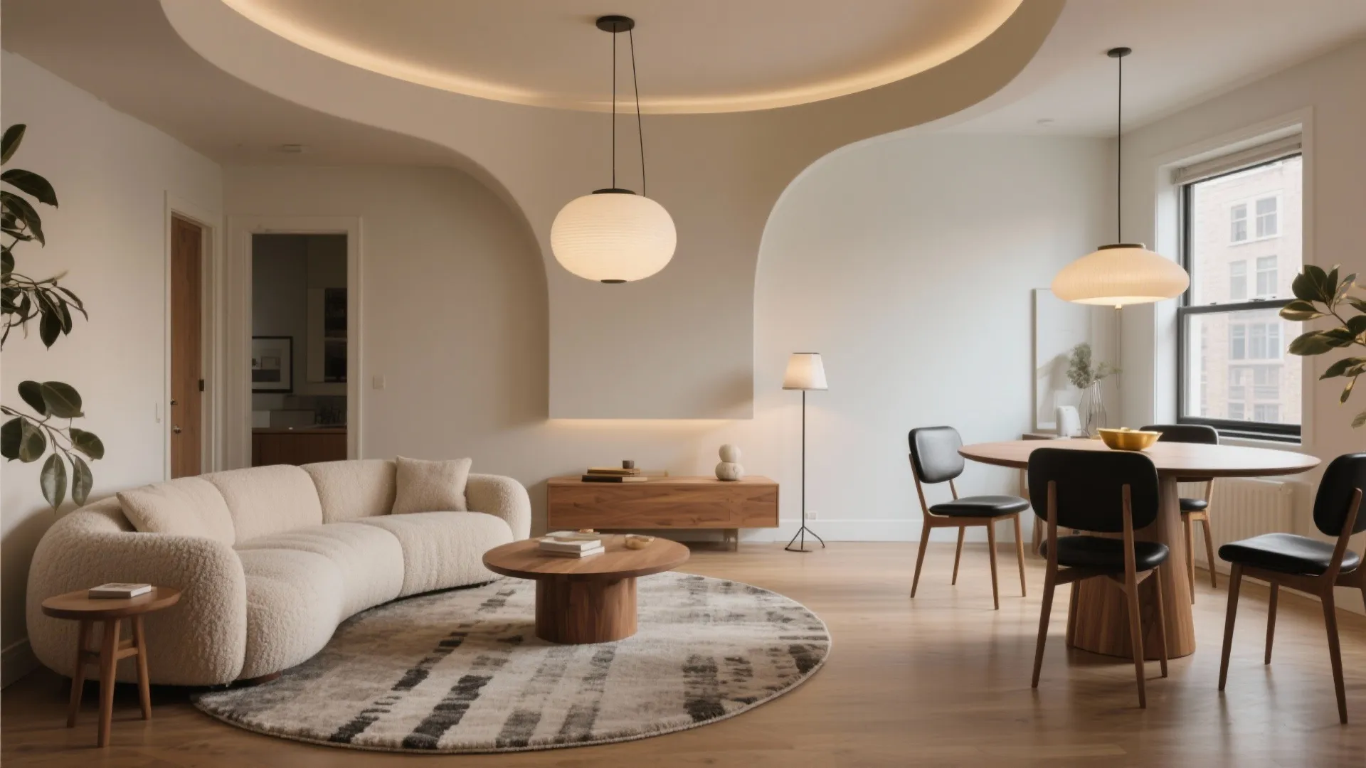 Curved sofa zoning with layered lighting