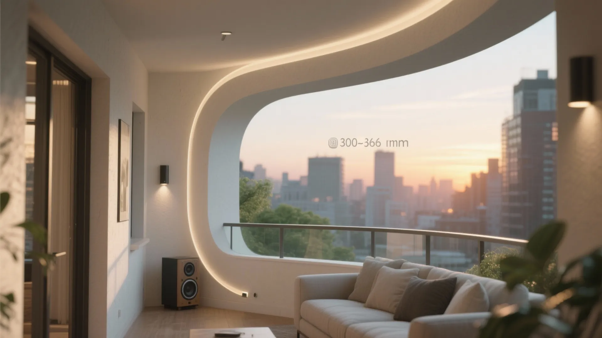 Living room with curved wall opening sofa wall light and sunset city view through windows