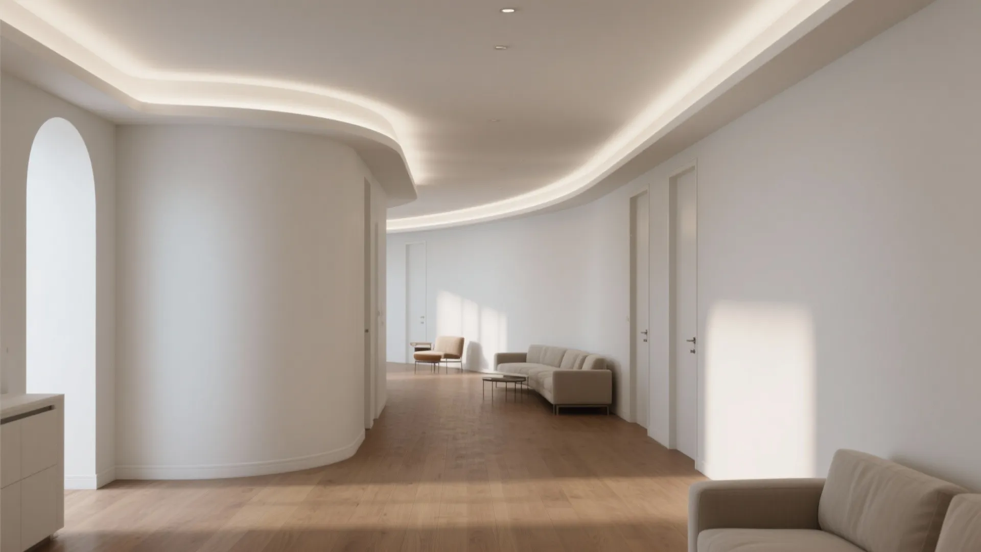 Minimalist hallway with wood floor curved white ceiling lights beige sofa and small coffee table