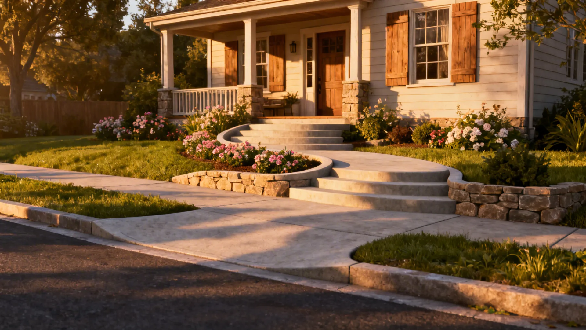 Cottage-style entry with gently curved steps and soft landscaping.