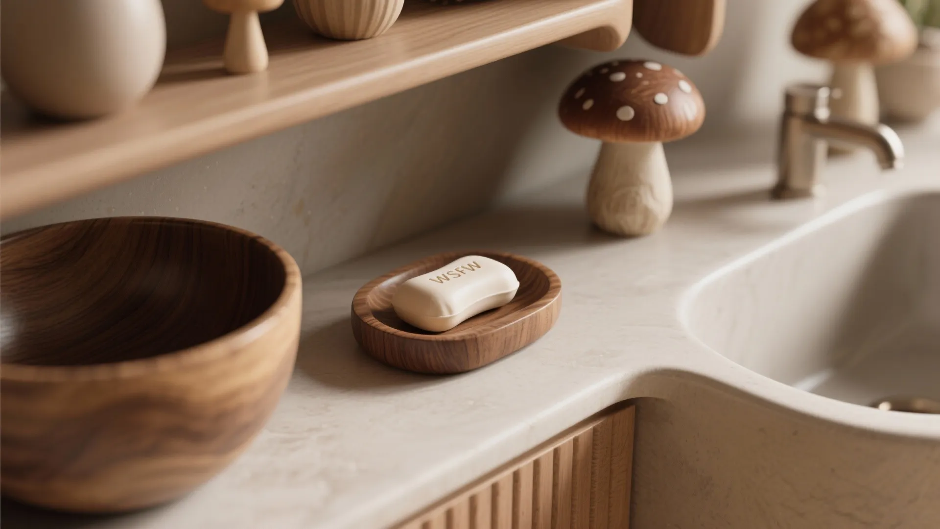 Close-up of a curved shelf, bowl sink, and sculptural mushroom soap dish with sealed wood grain.