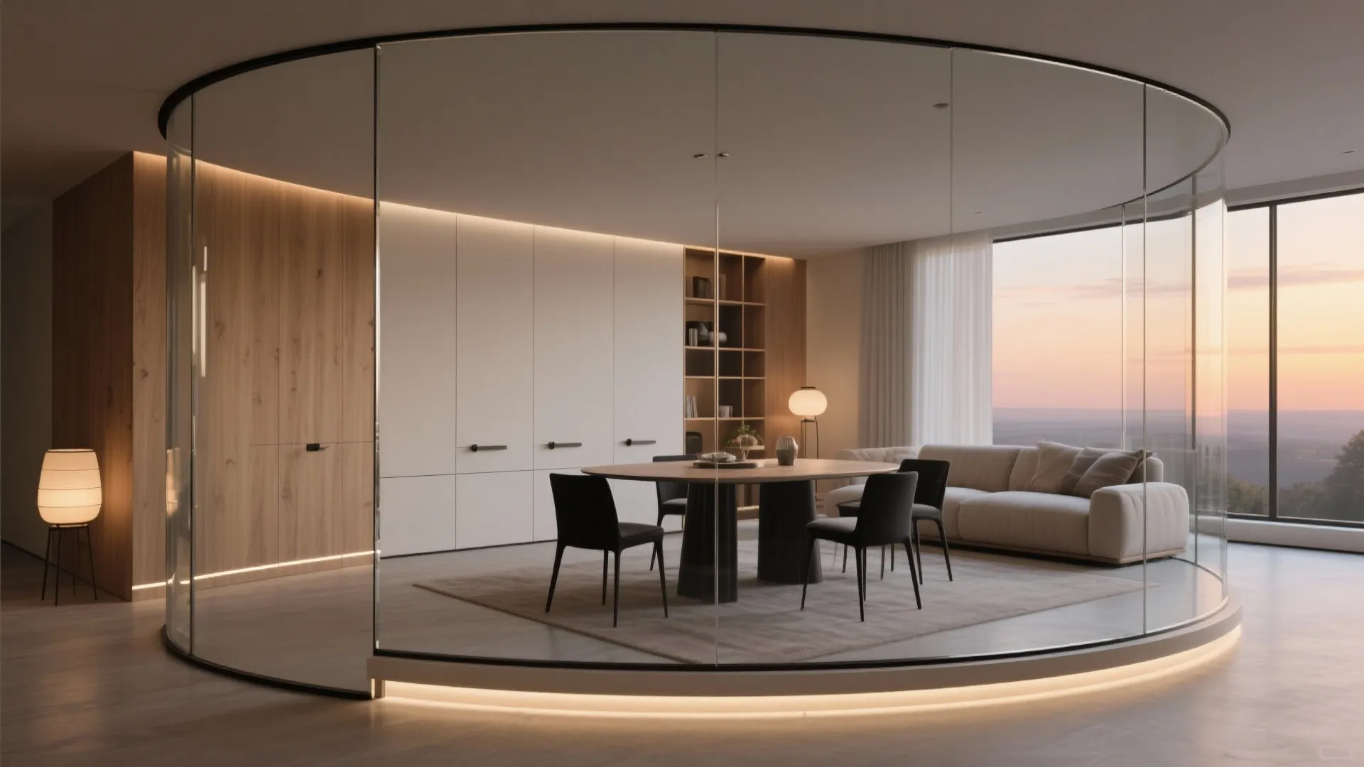 5) Curved or segmented glass with integrated storage: sculptural and space-savvy