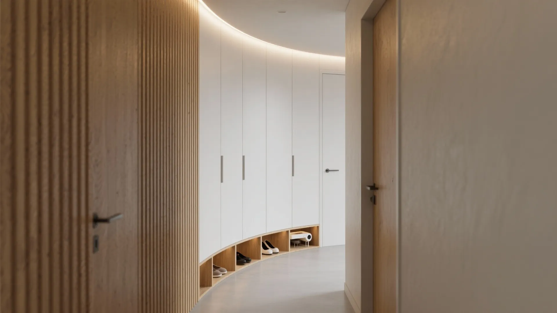 Modern hallway featuring curved white cabinets with light on top plus wooden wall panel design