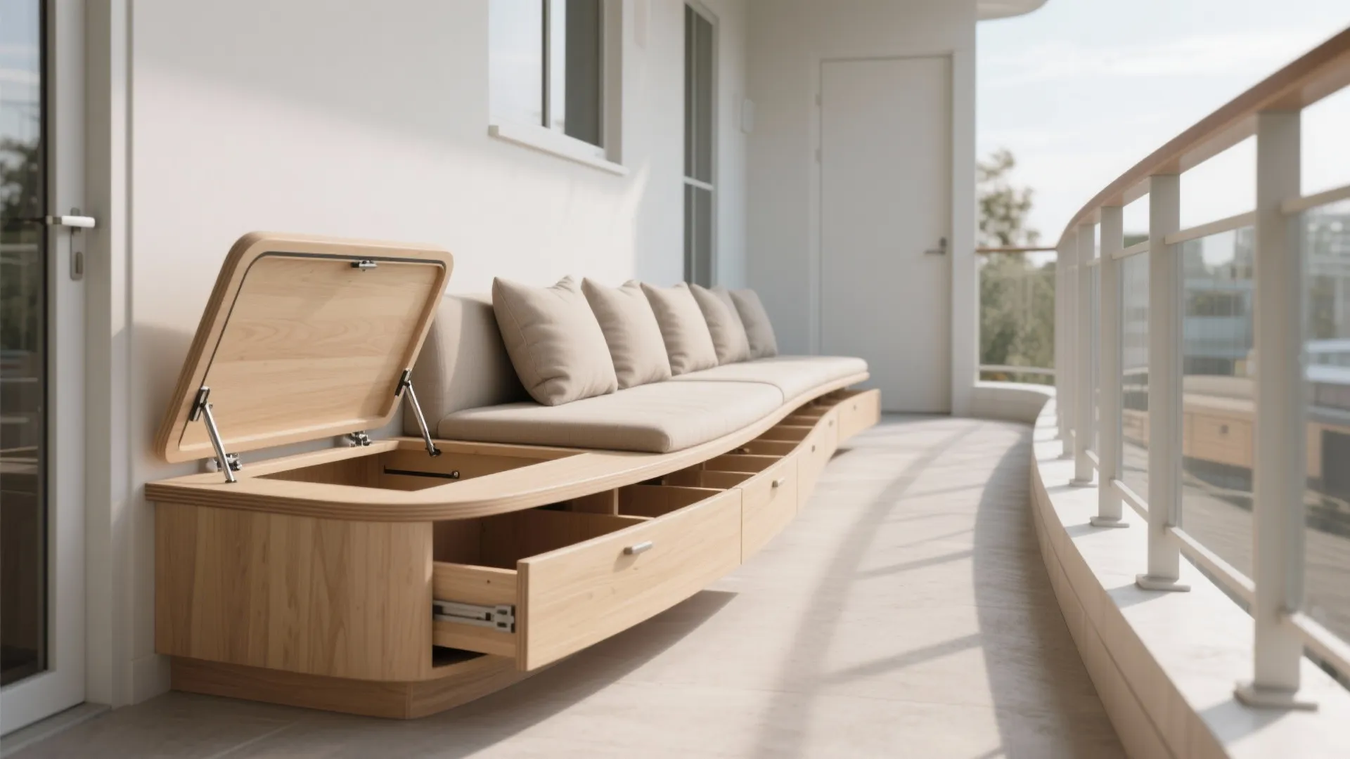Long curved wooden outdoor sofa with open storage drawers and cushions on a sunny balcony