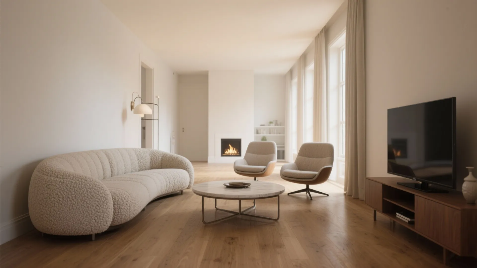 Curved sofa + swivels for flexible conversation