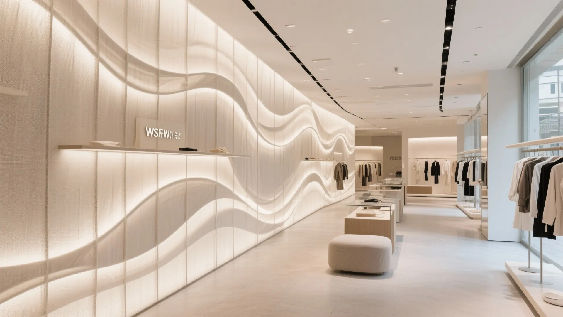 Modern clothing store interior with long wavy light wall white floors and neatly hanging fashion items