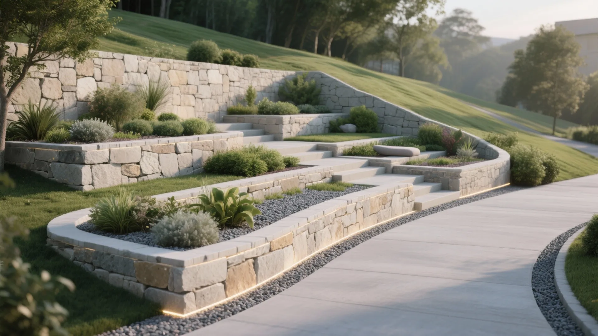 Outdoor garden landscape with curved stone walls small green plants and a smooth concrete path