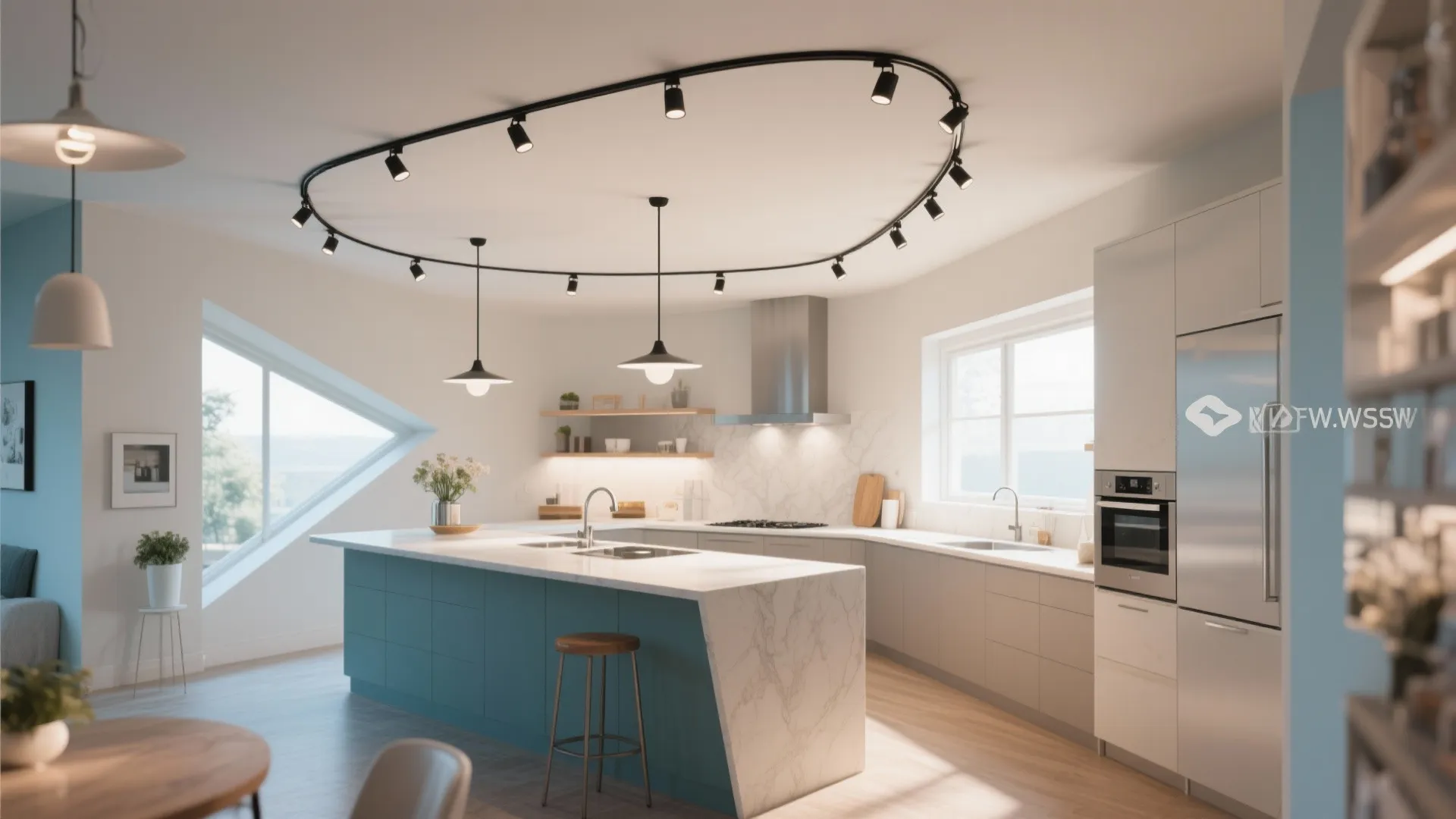 Modern kitchen with large blue island and a unique oval shaped black ceiling track light