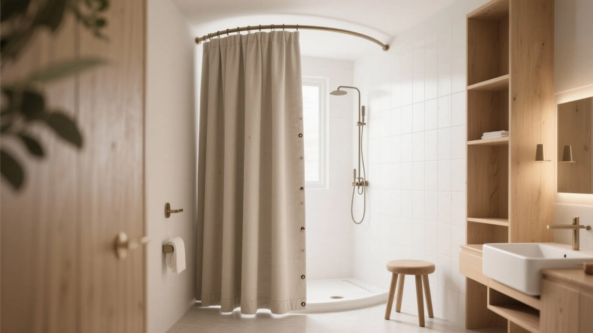 Small bathroom with a curved ceiling track and waterproof curtain with weighted hem.