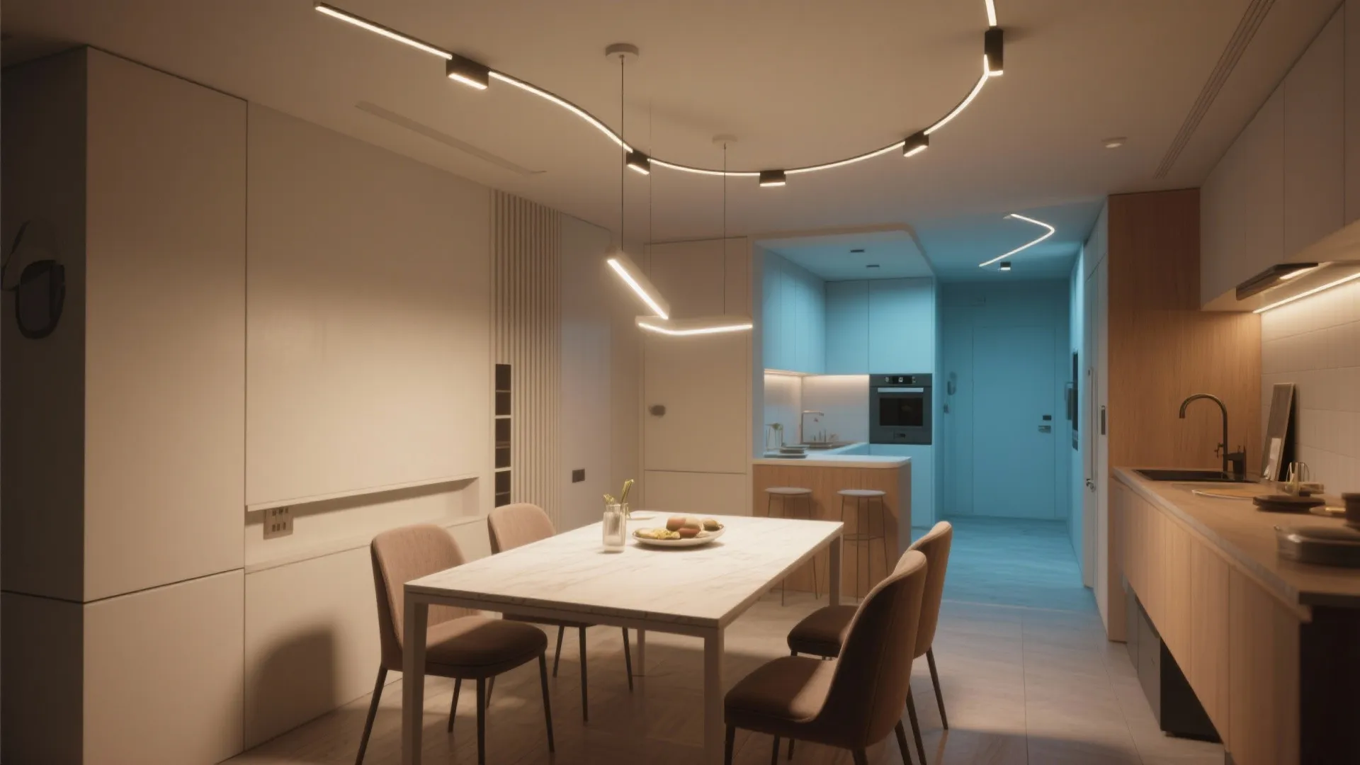 Compact rectangular dining room softened by a subtle curved track light guiding light from kitchen to dining area.