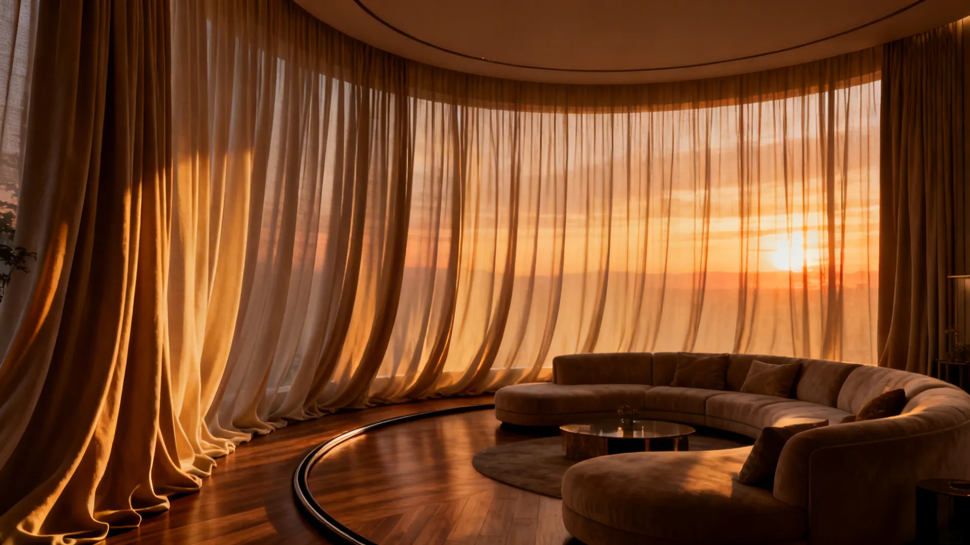 Bay window with a curved track and continuous floor-length drapes forming a flowing silhouette in a mid-century living room.