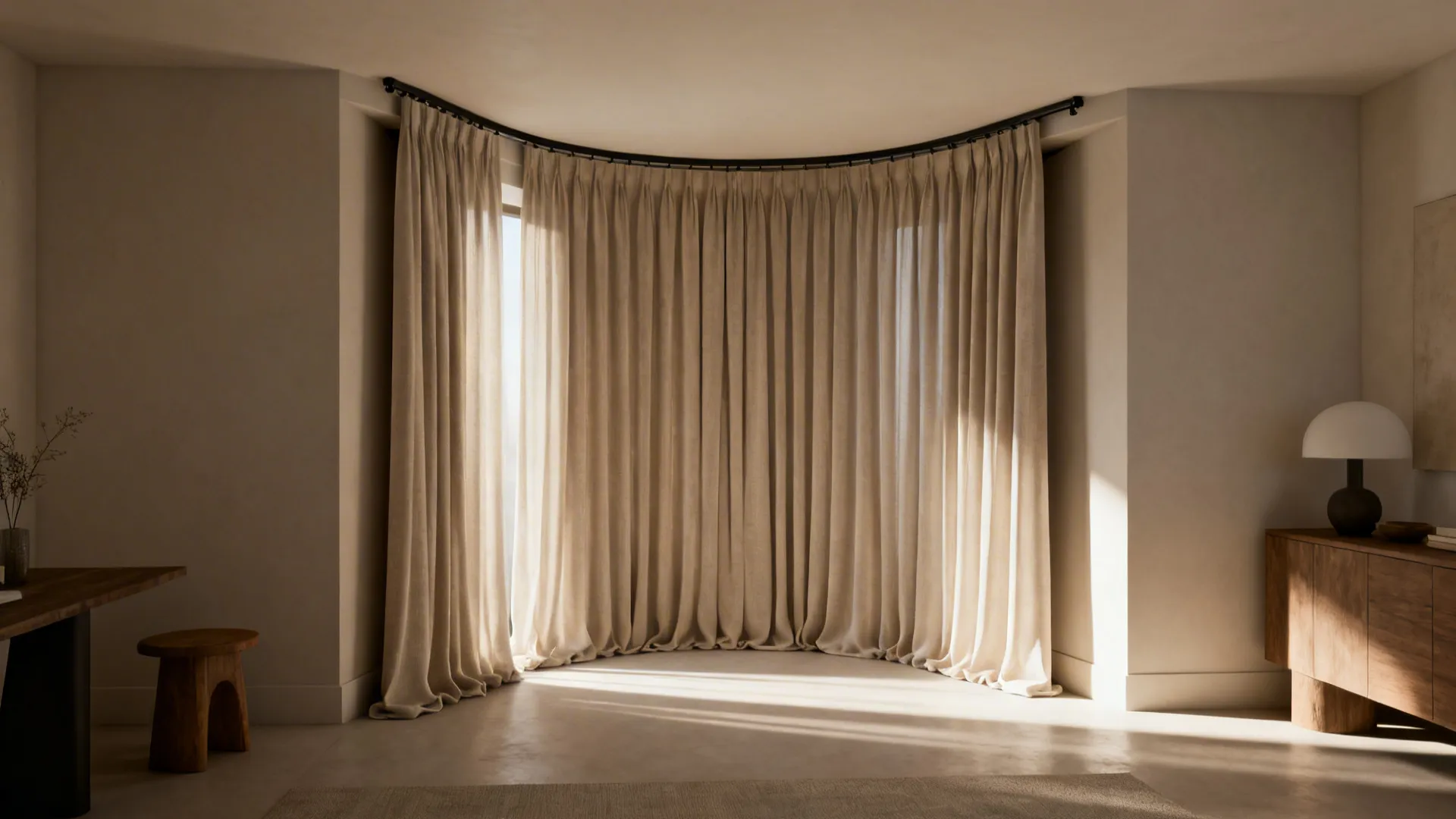 Bay window with floor-to-ceiling drapes on a curved track forming a cinematic alcove