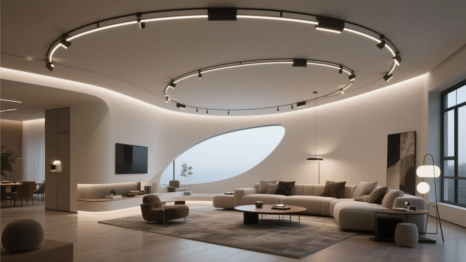 Living room with ceiling-mounted curved track lighting