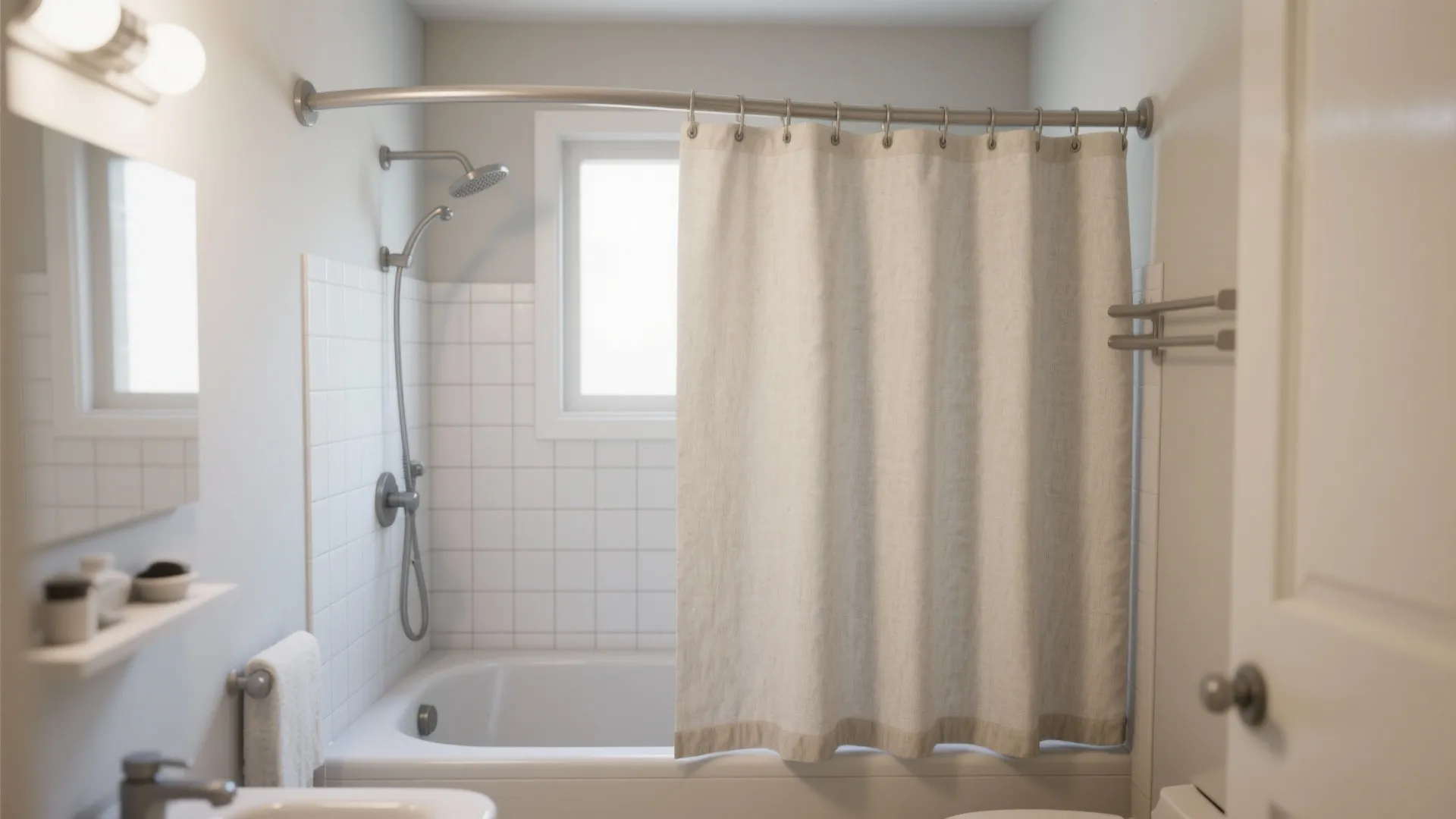 Simple white bathroom featuring a bathtub with a curved metal rod and beige fabric curtain