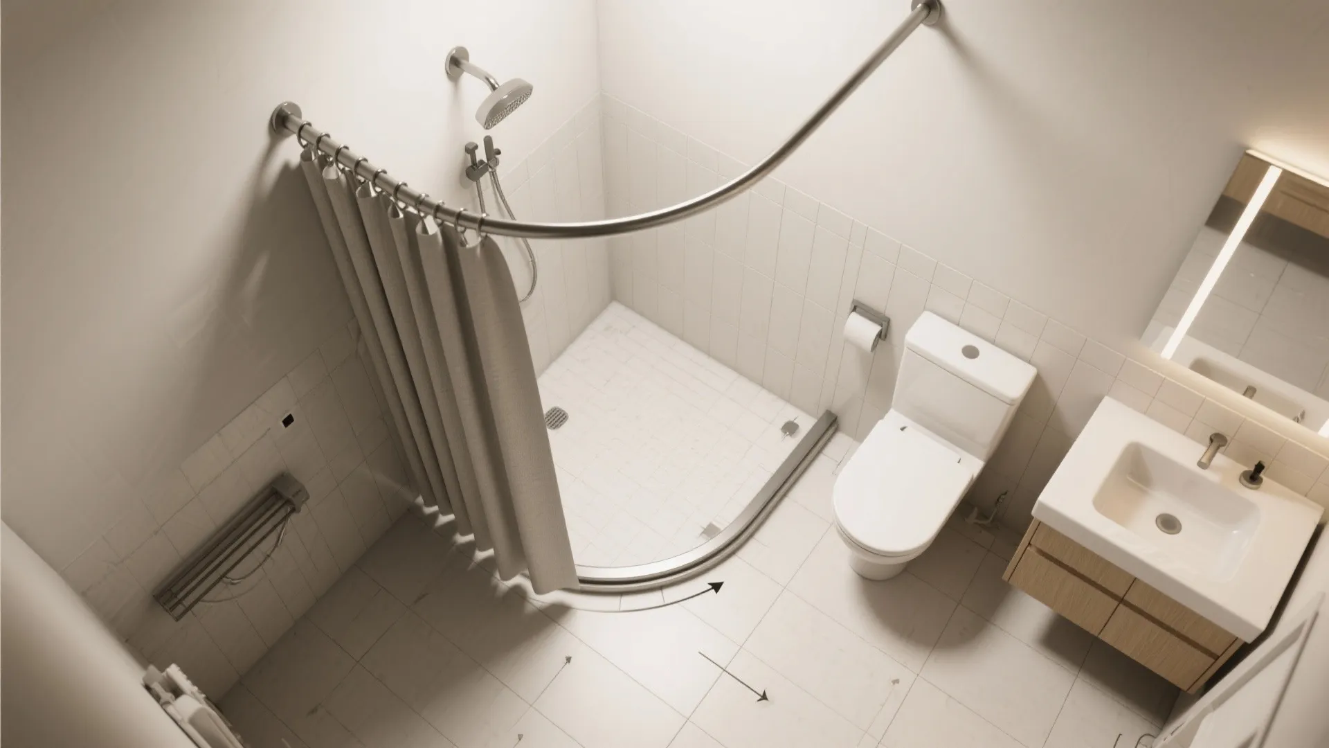 Modern bathroom layout showing a curved shower curtain rod, toilet, sink, and white wall tiles