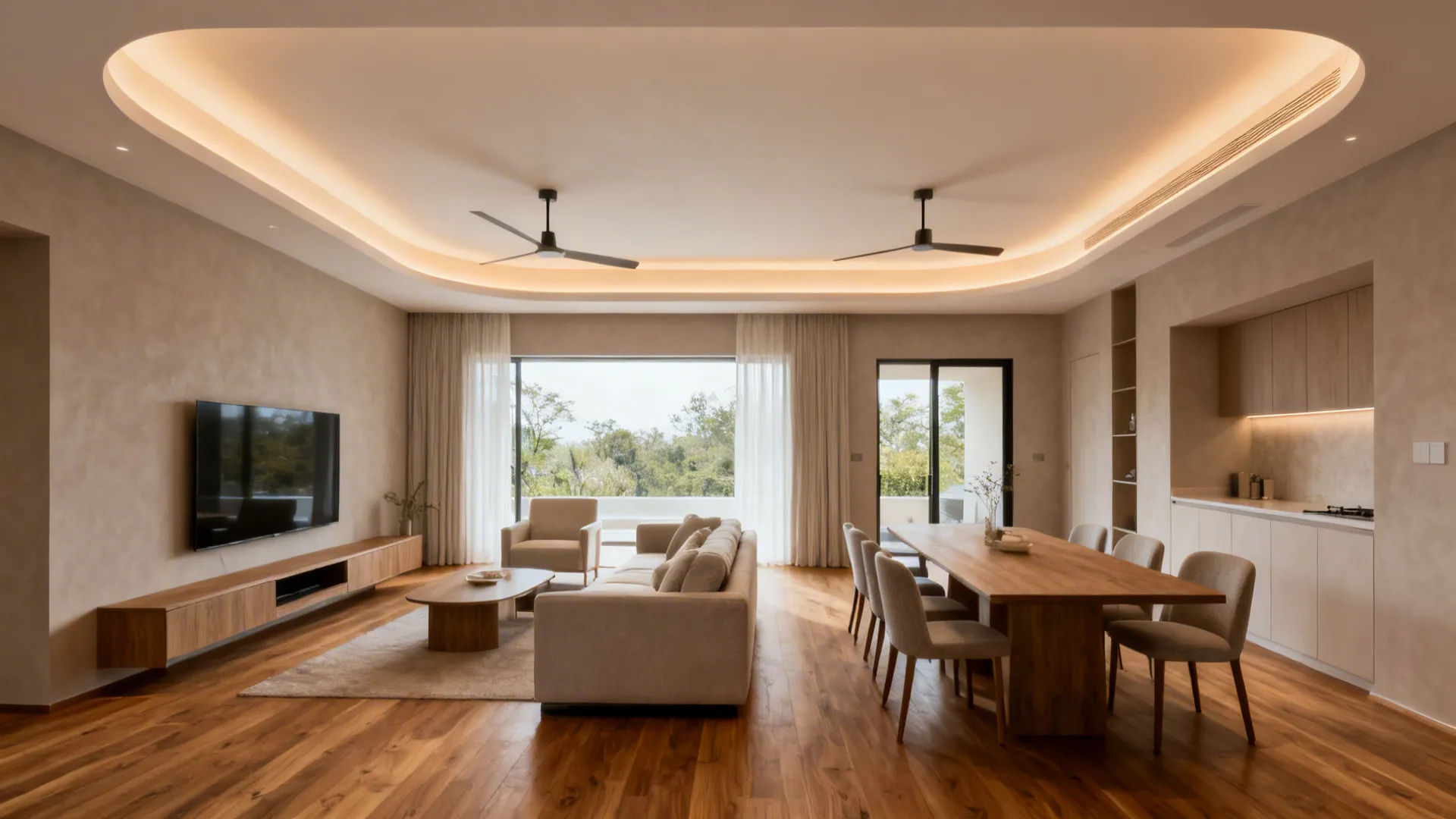 Curved tray ceiling with hidden LED wash and two low-profile ceiling fans.