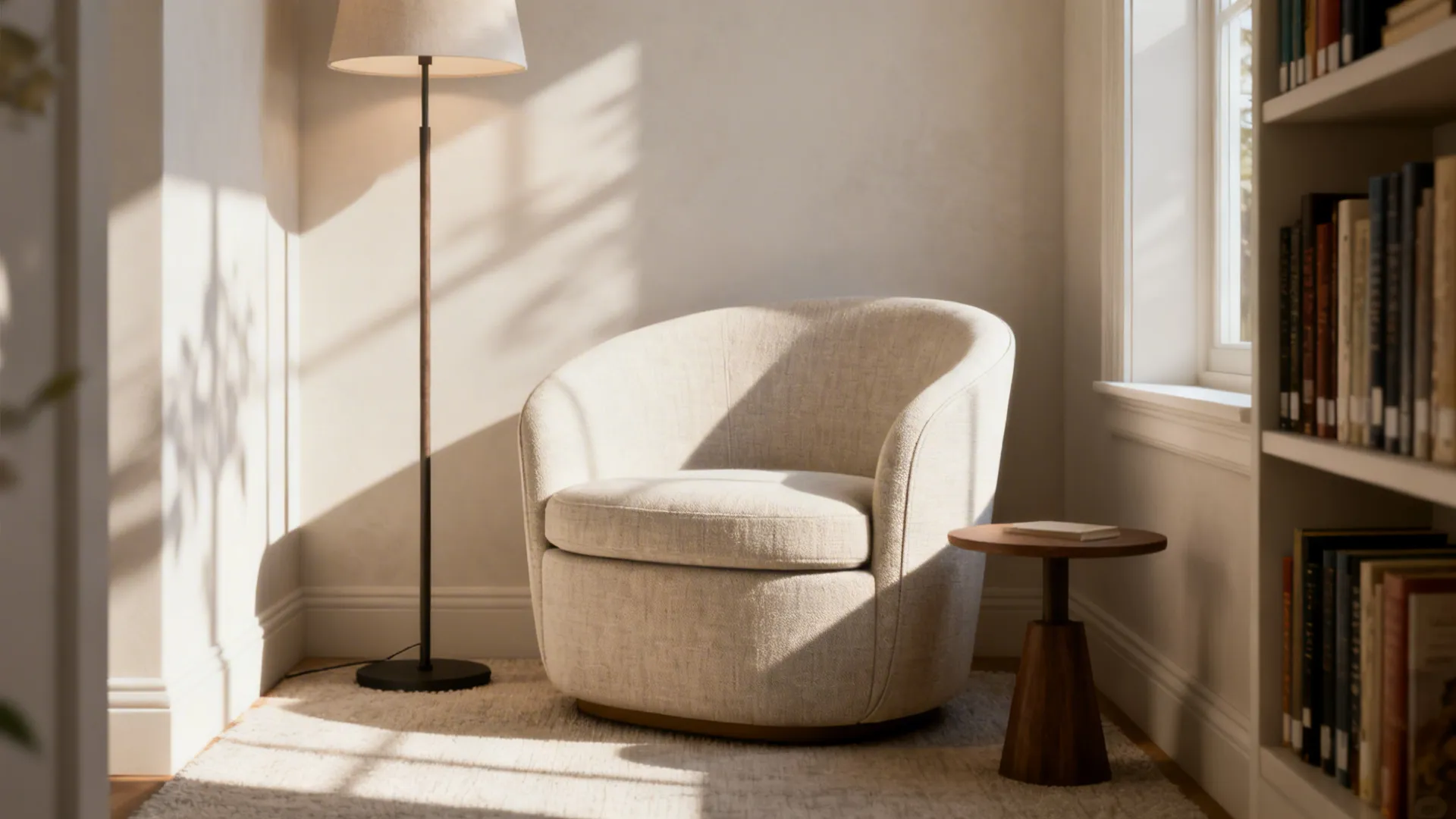 Curved tub chair in a corner reading nook with a side table and floor lamp