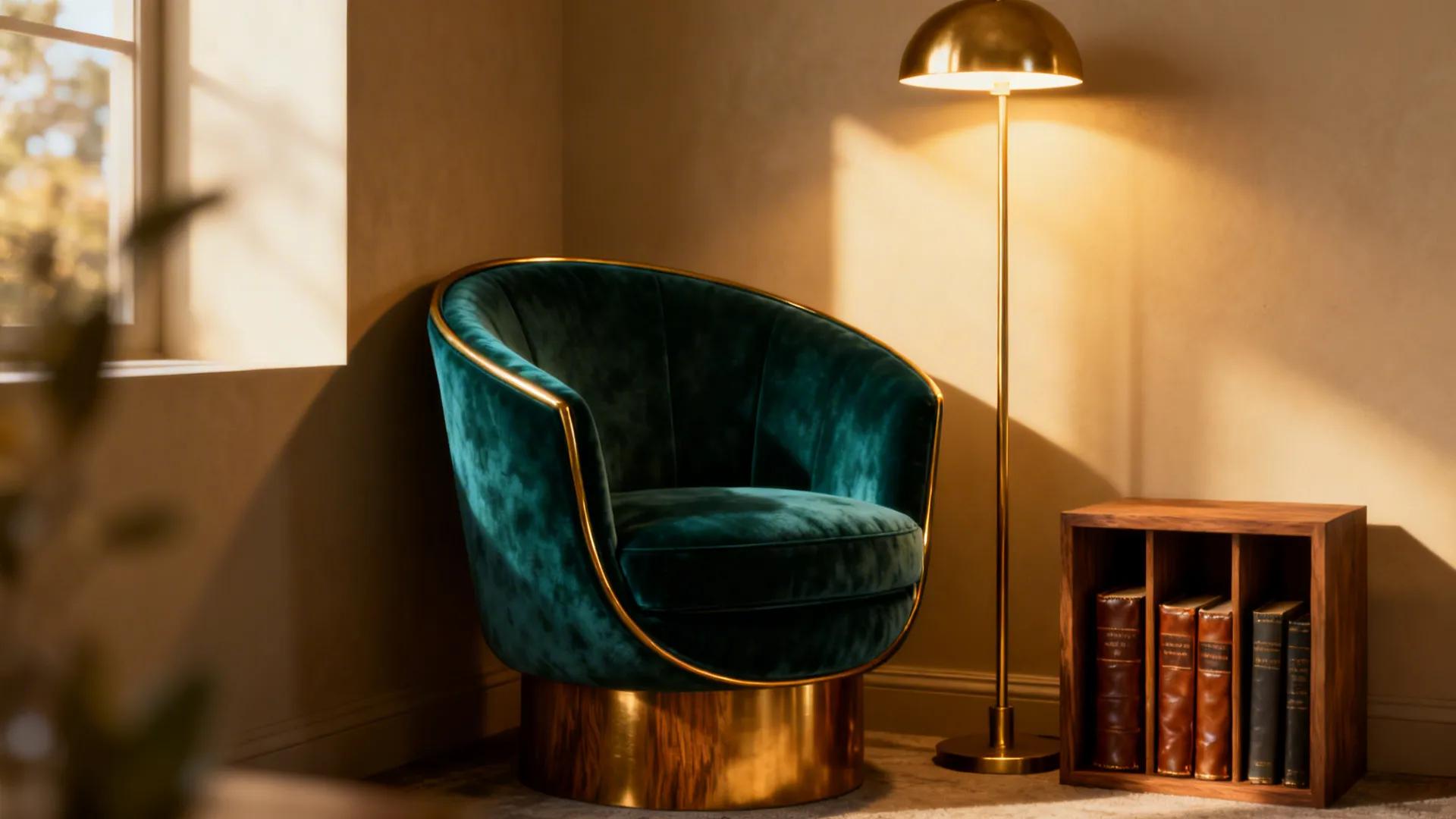 Velvet curved tub chair in a cozy corner with a lamp and bookshelf, creating a reading nook.
