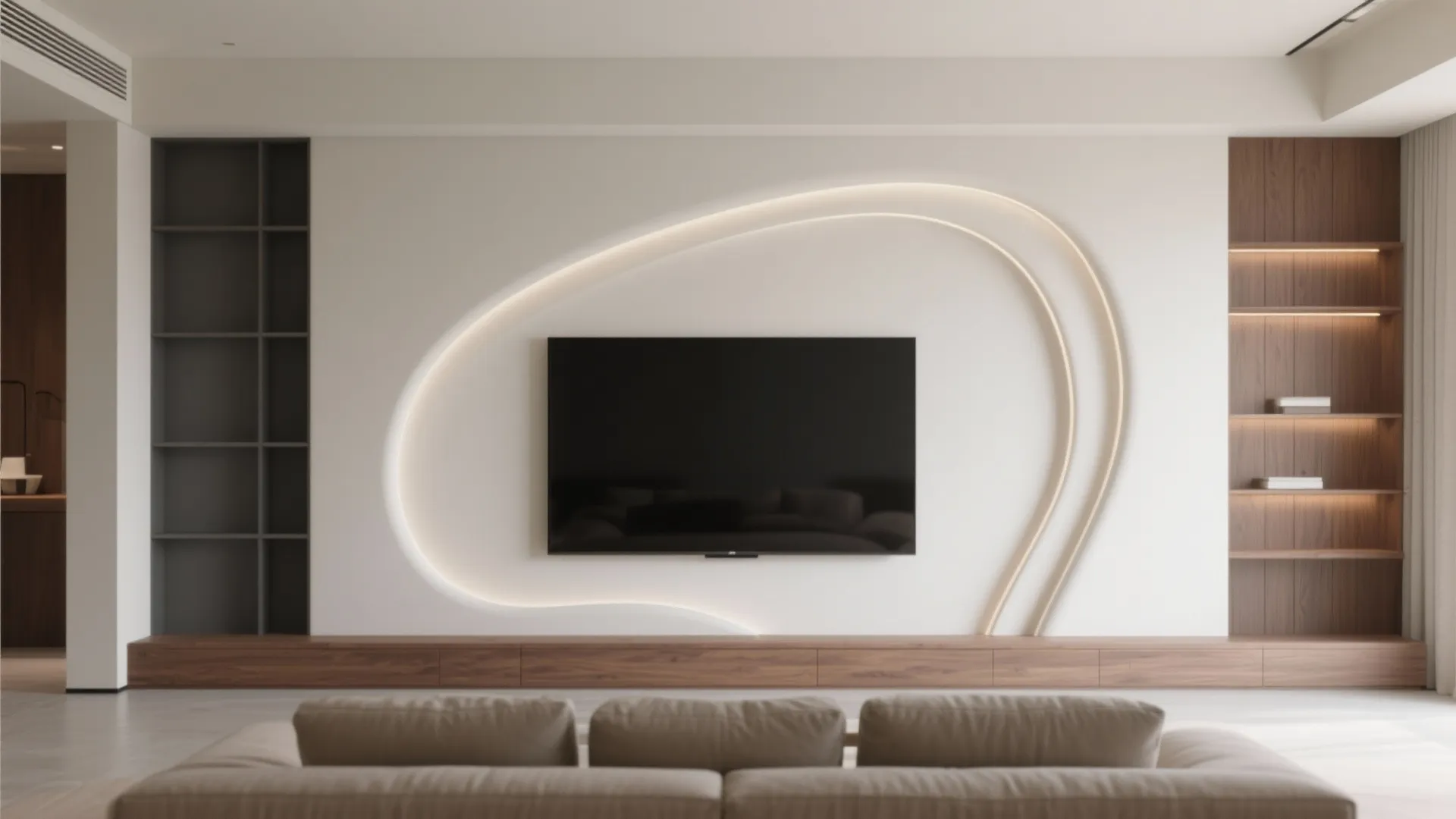 Modern living room featuring a curved back lighted wall panel with television and wooden storage cabinet