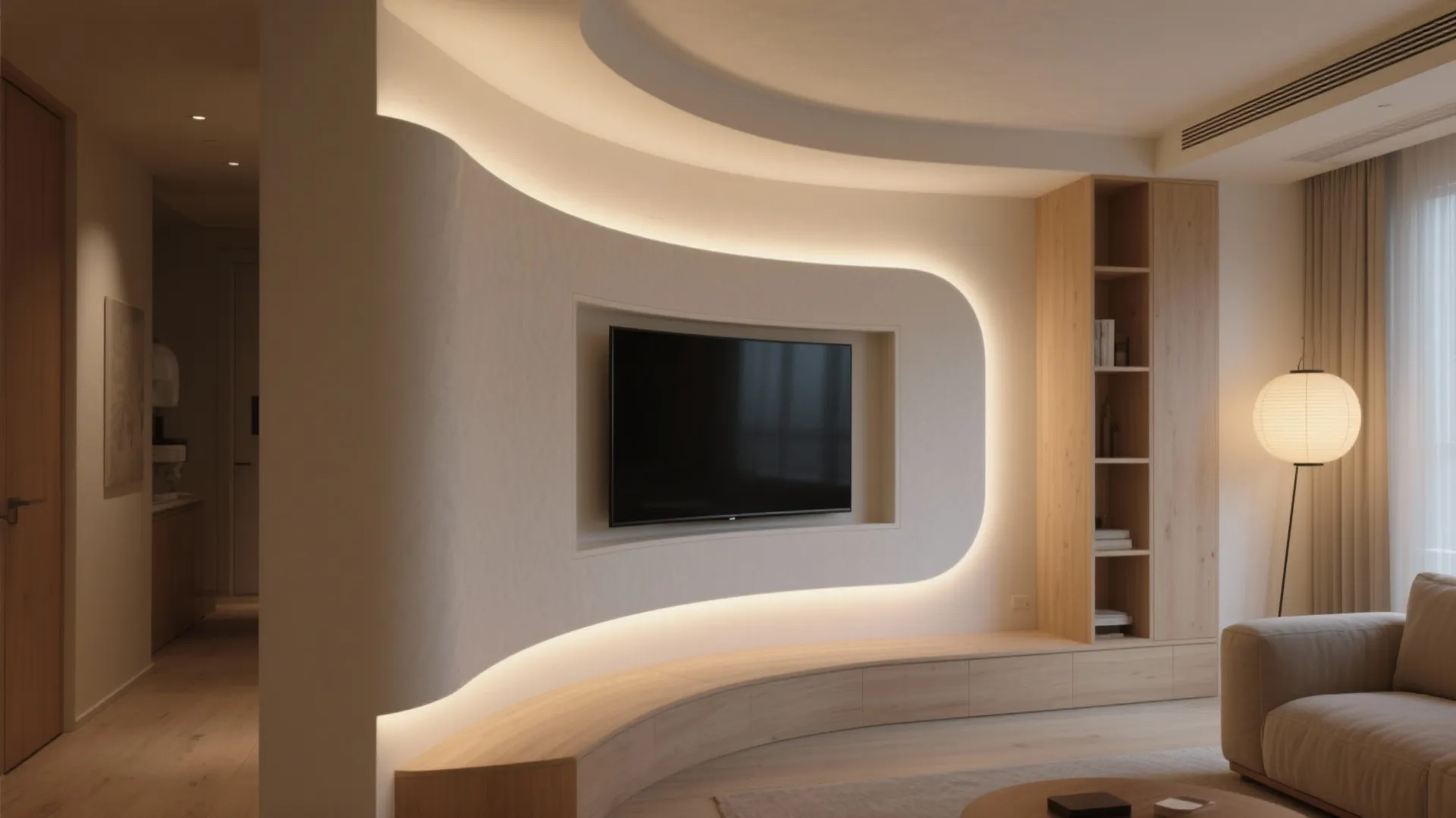 Curved gypsum TV wall to soften tight rooms