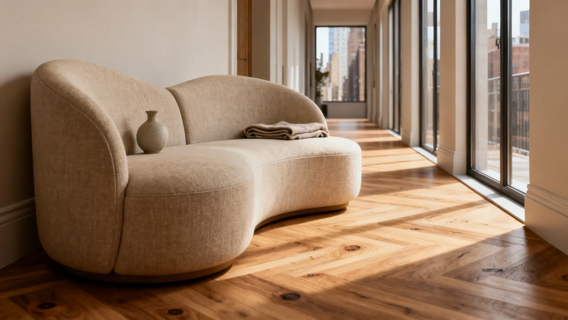 Curved two-seater sofa in a narrow flat guiding circulation and creating a spacious feel.