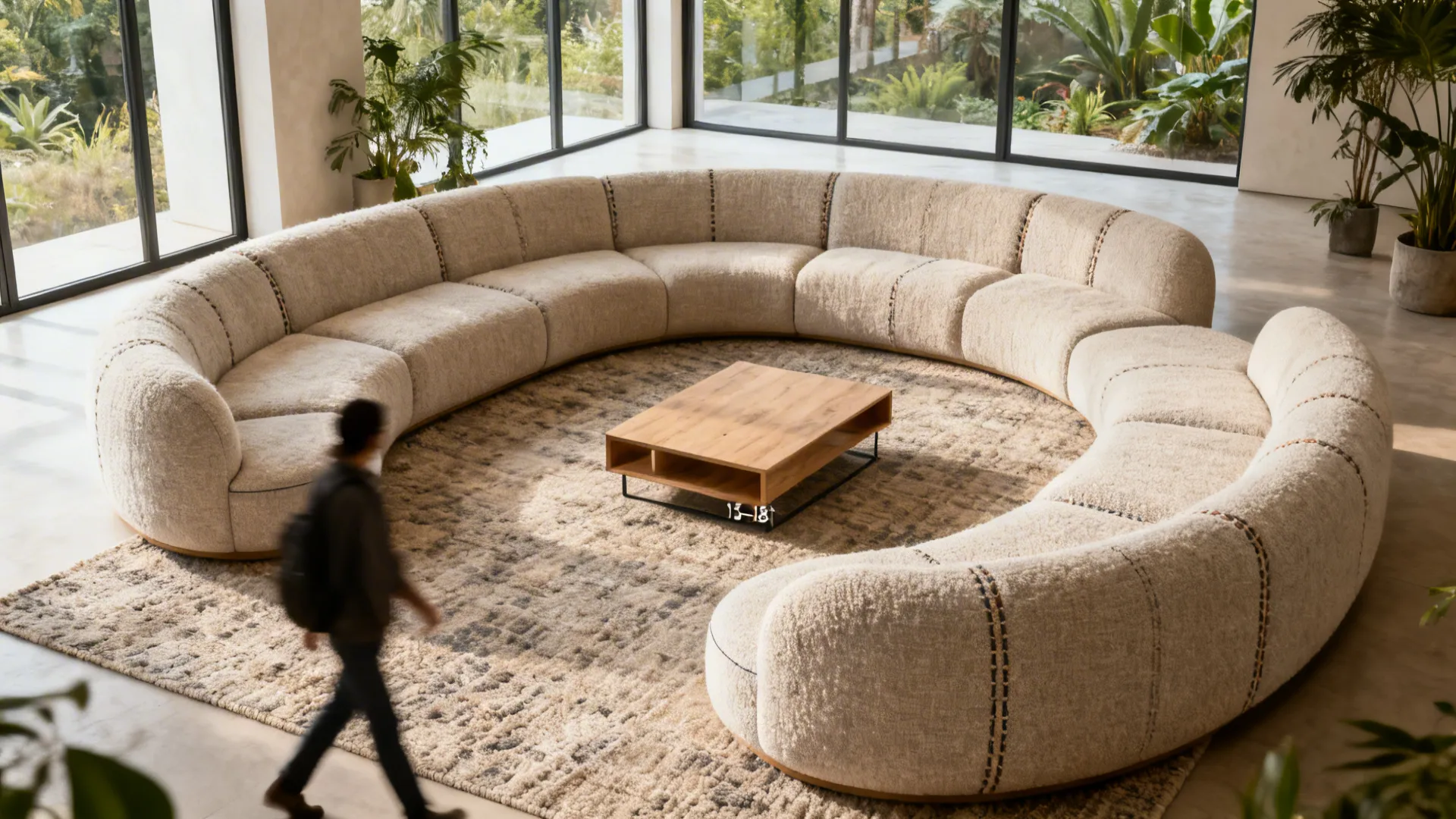 Curved U-shaped sofa with low backs and rounded corners creating softer flow in a small living room.