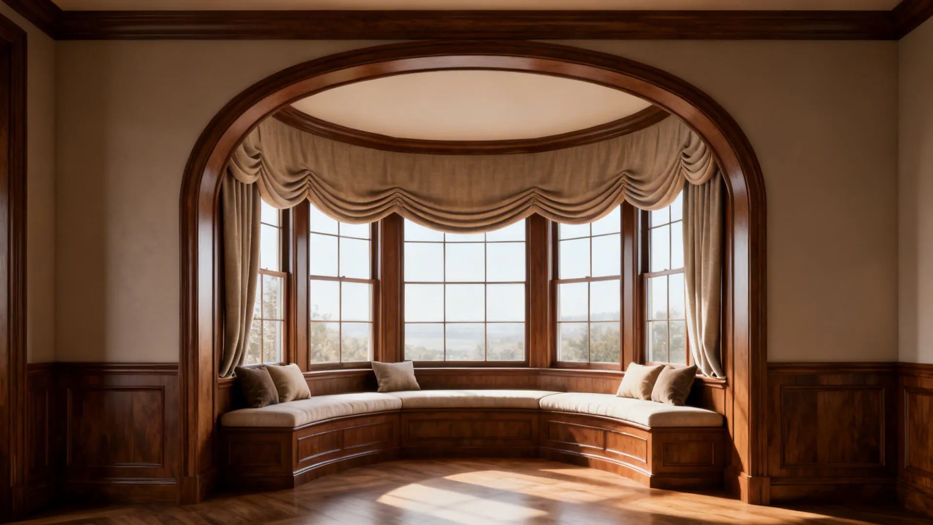 Large curved window with wood frame window seat soft cushions and tan fabric top curtain