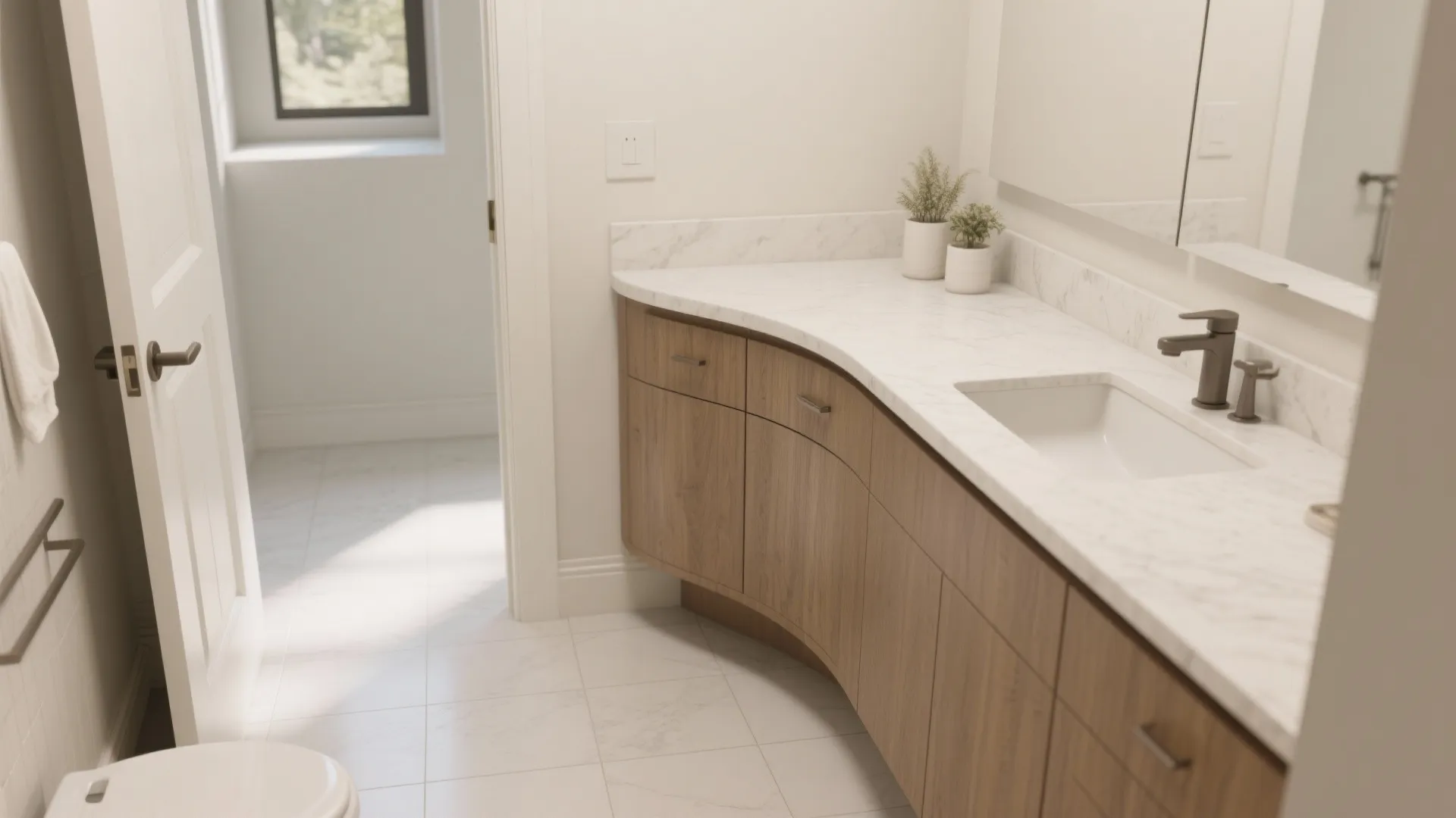 Corner and Curved Vanities That Free the Aisle