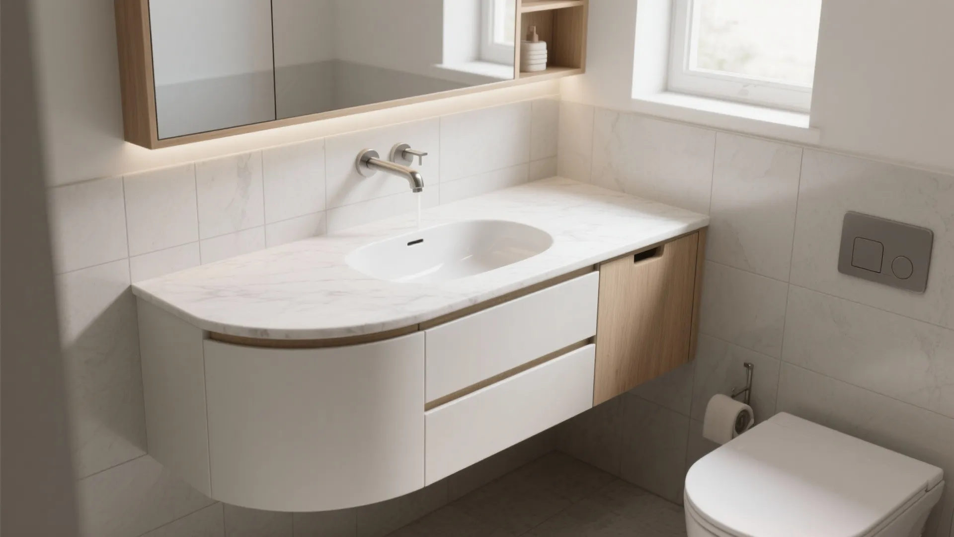 Small bathroom with curved-front vanity and wall-mounted faucet, showing a clear circulation path.