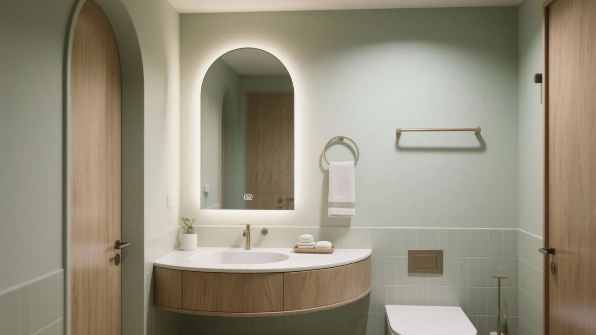Rounded vanity, arched mirror, and curved towel bar create soft organic lines in a calm small bathroom.