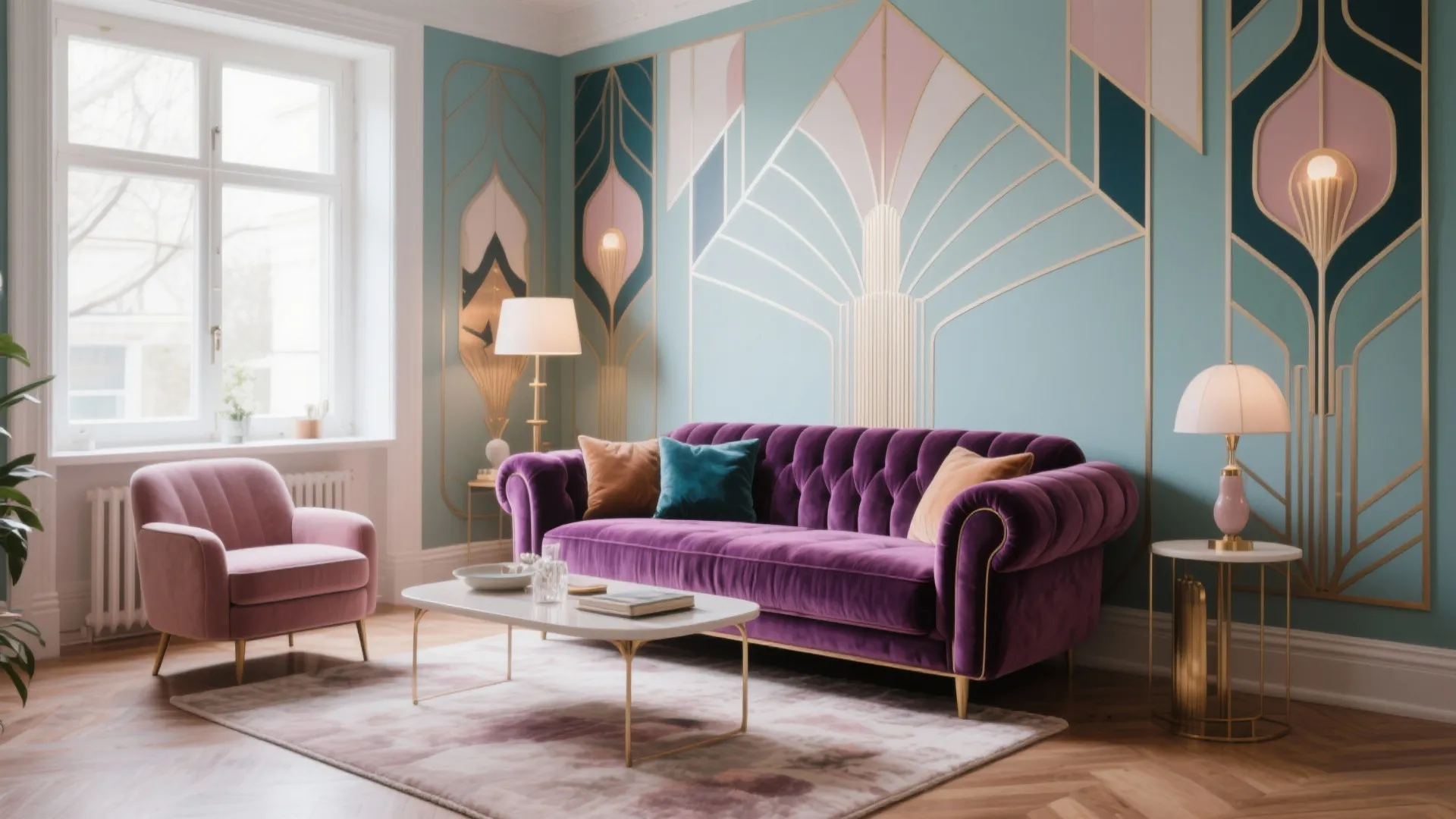 Modern living room with purple sofa pink armchair wall pattern white coffee table and rug