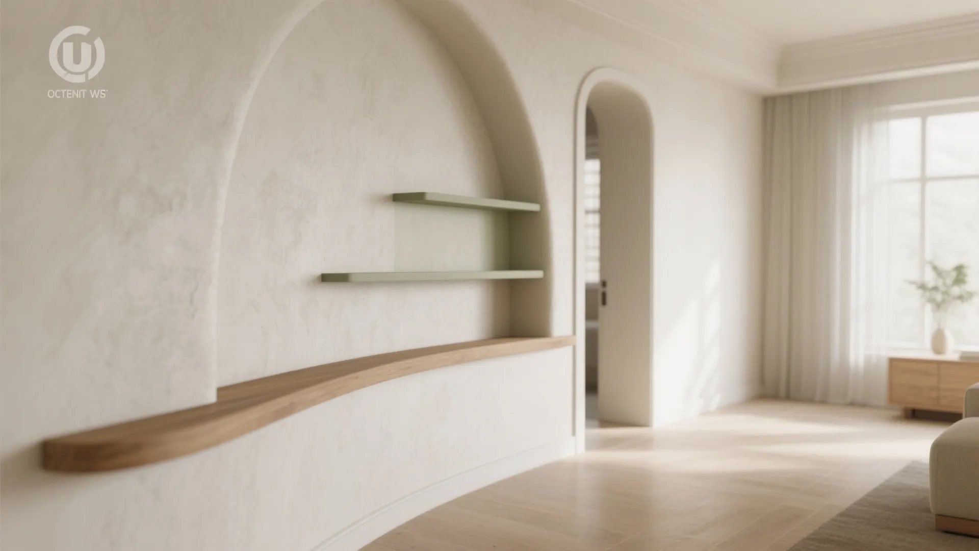 Minimalist room featuring curved arch wall with wooden shelf, arched doorway, and light wood flooring