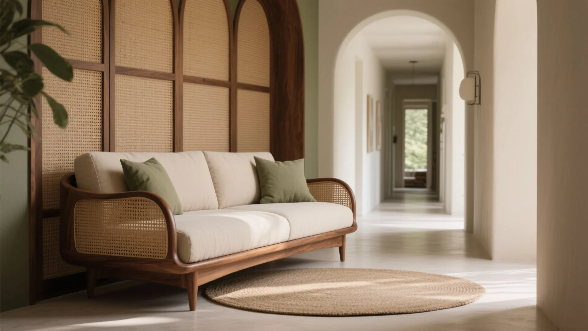 Curved wooden sofa with green pillows beside an arched wall panel and a round rug