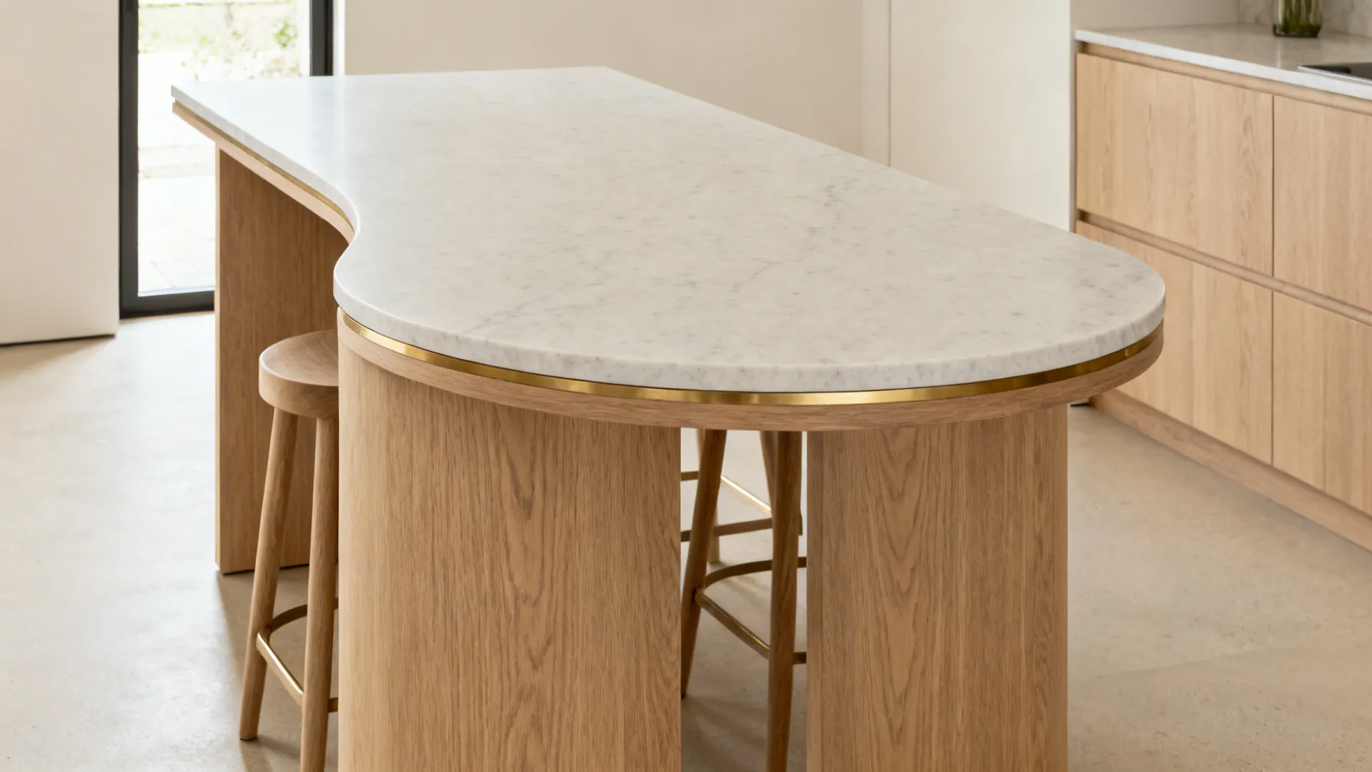 Close up of curved white marble kitchen island featuring wood base and gold metal trim details