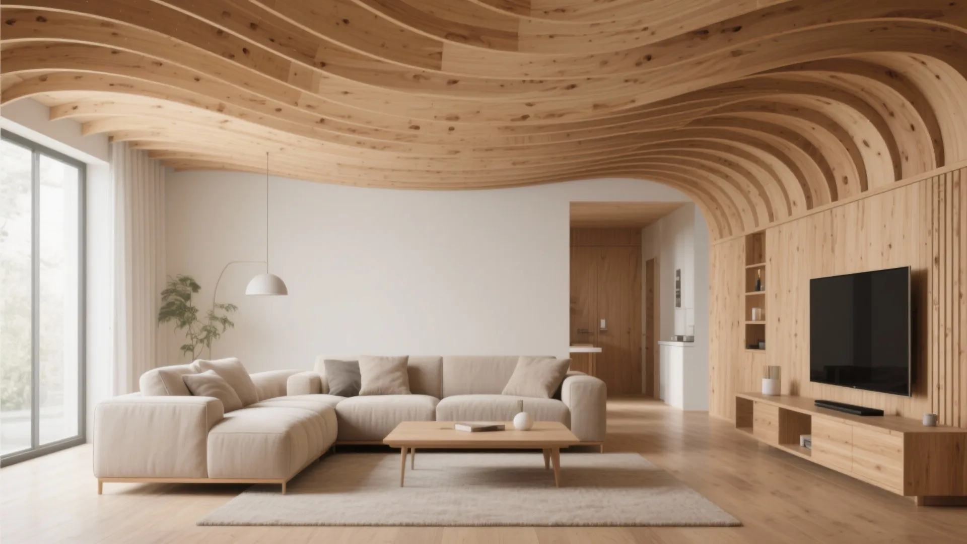 Living room with unique curved wood ceiling design, beige sofa, wooden TV cabinet, and light floors