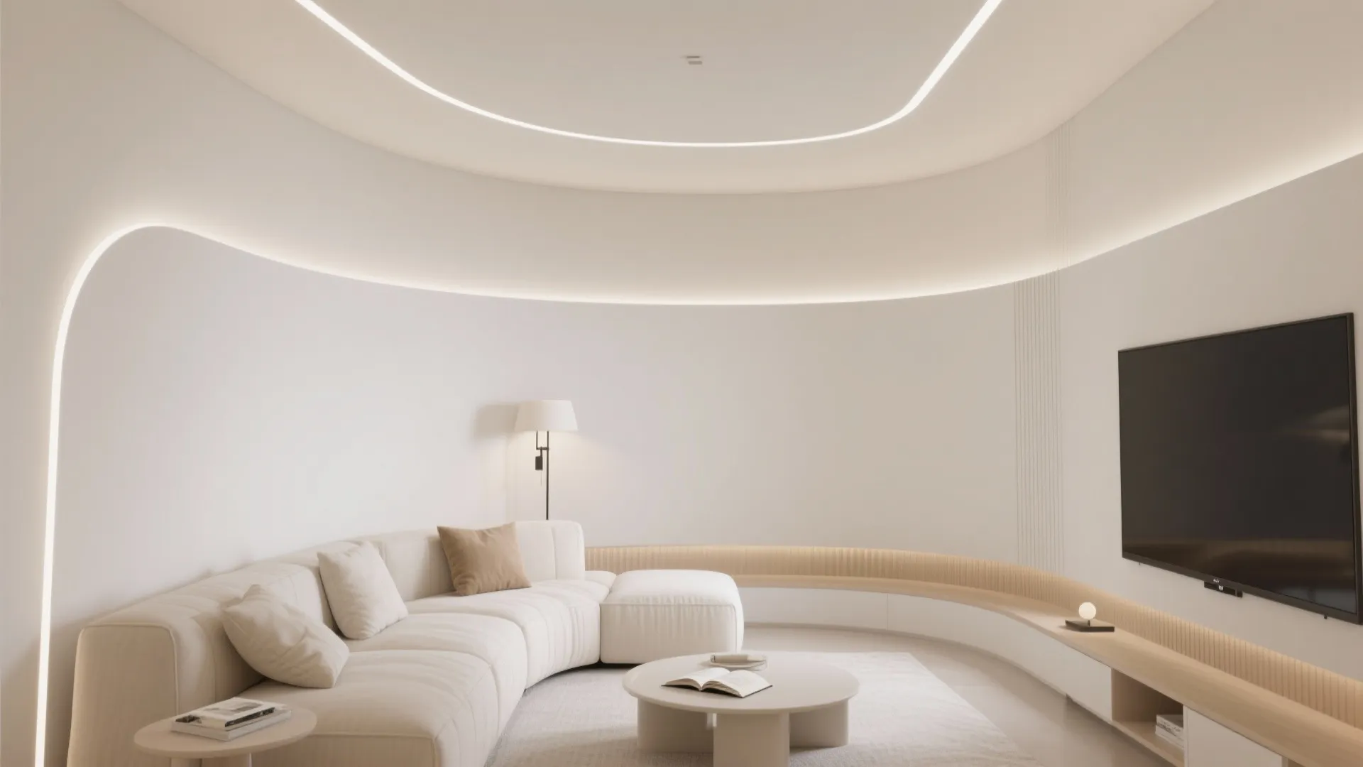 Minimalist living room with curved white walls large white sofa round coffee table and television set