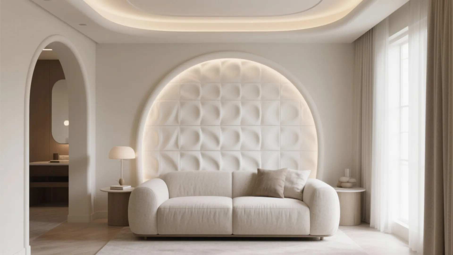 Modern living room with cream sofa against arched wall featuring textured panels and soft lighting