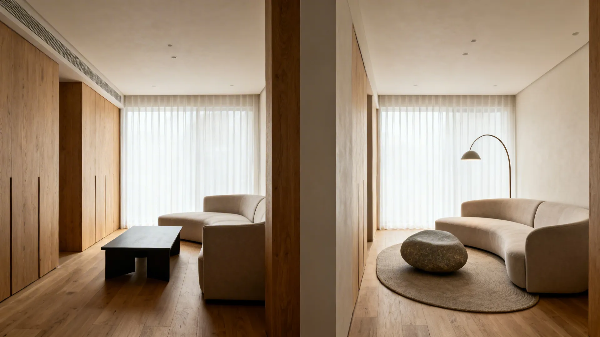 Side-by-side living room showing straight-lined furniture versus curved pieces with smoother circulation.