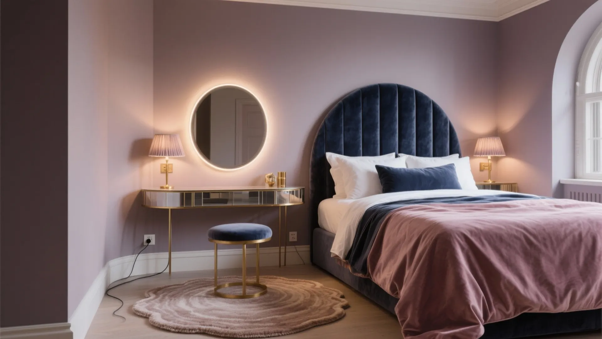Purple bedroom featuring a navy velvet bed with round headboard and glowing circular wall mirror