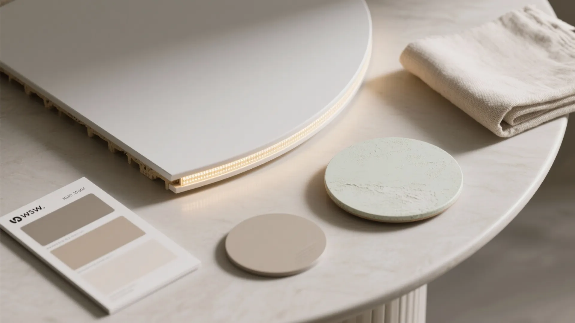Curved white board with light strip, color swatches, round stone samples, and folded beige cloth