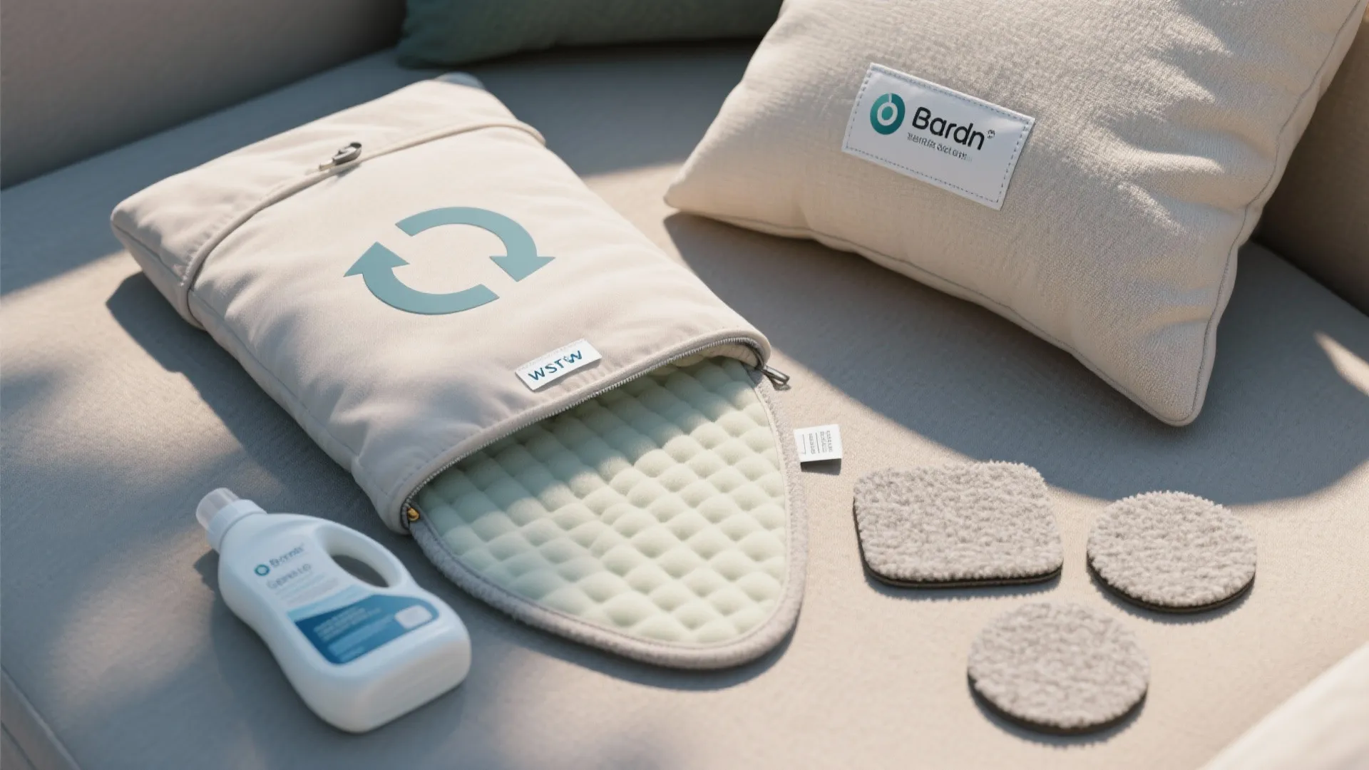 Laundry detergent bottle next to cushion cover with recycle icon and small round textured cleaning pads