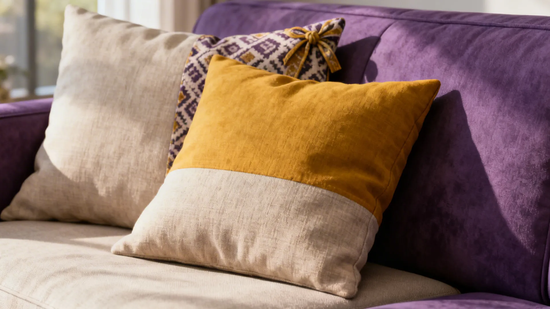 Three cushions on a purple sofa: neutral, mustard pop, and patterned tie-in for color harmony.