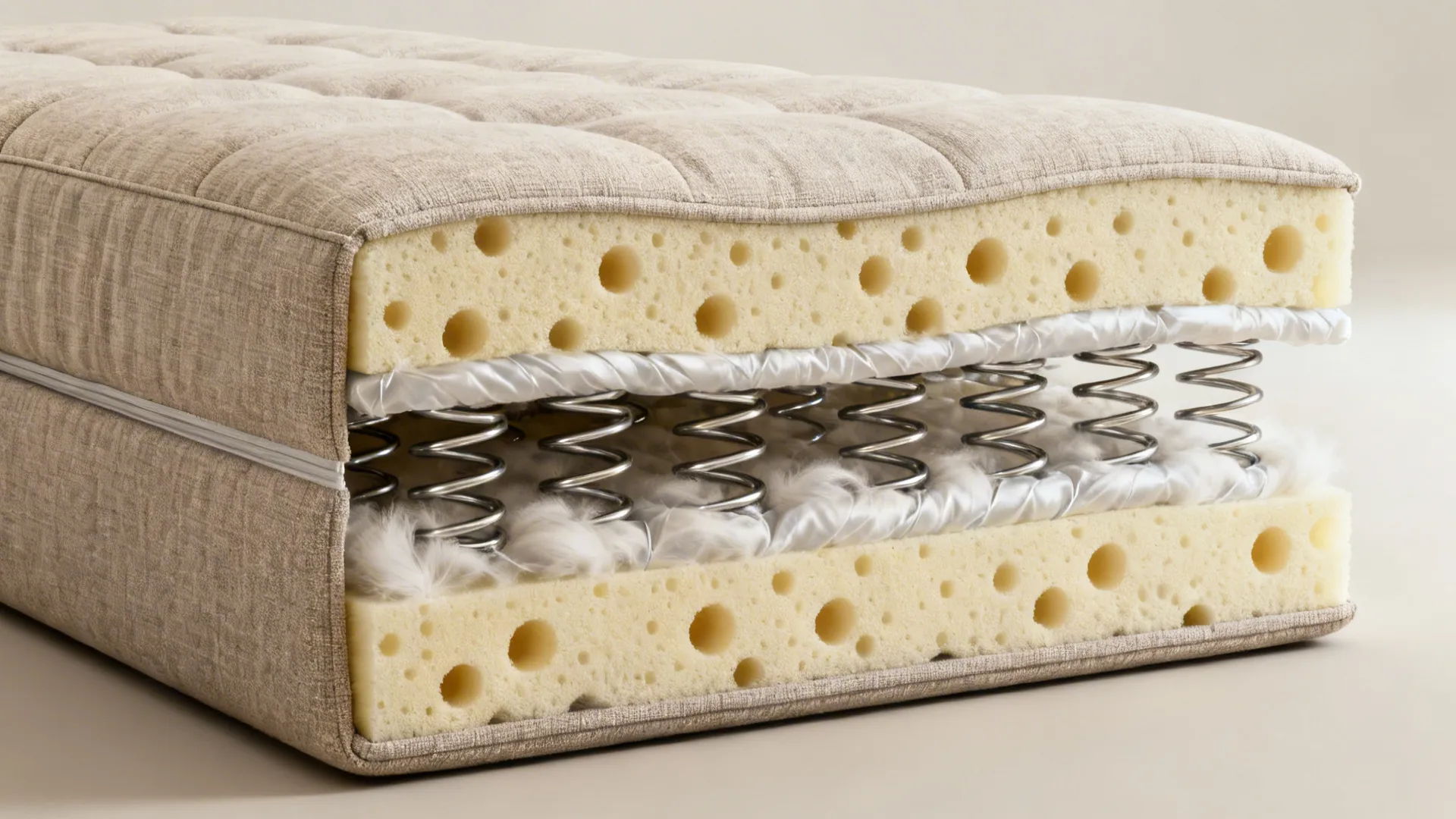 Cross-section of a sofa cushion revealing high-density foam, down-feel wrap, and pocket coils.
