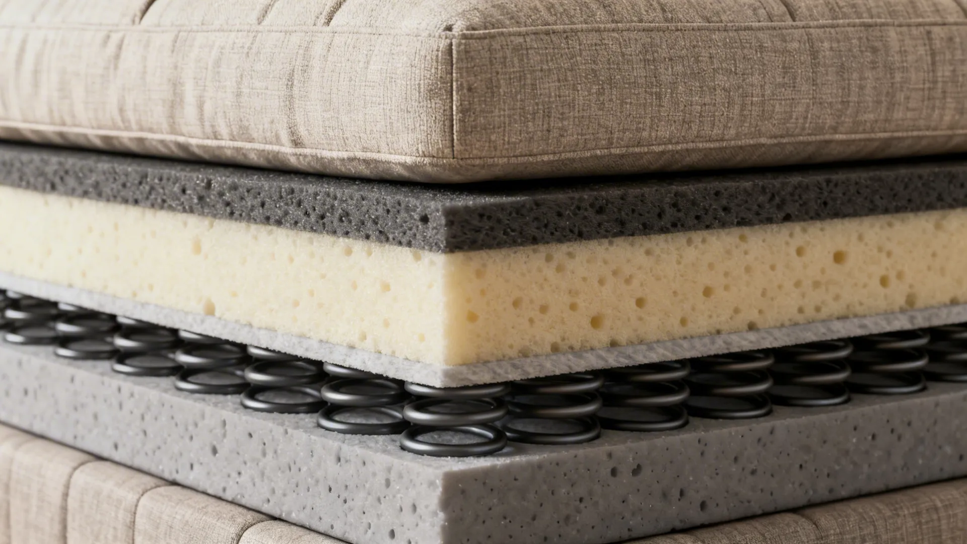 Cross-section of a sofa cushion showing high-density foam over pocketed coils and base support.
