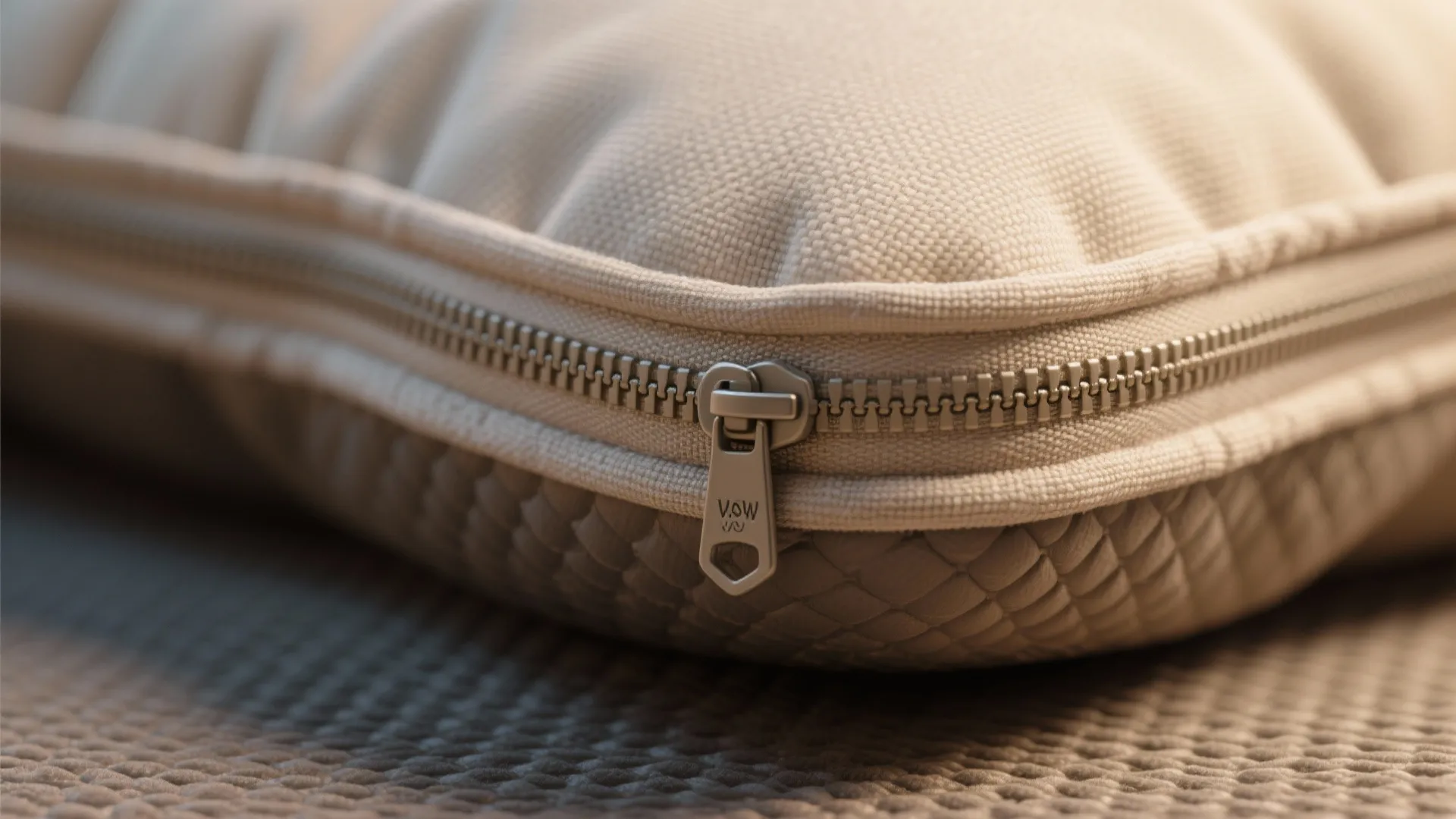 Close up of a metal zipper on a soft beige fabric pet bed cushion surface