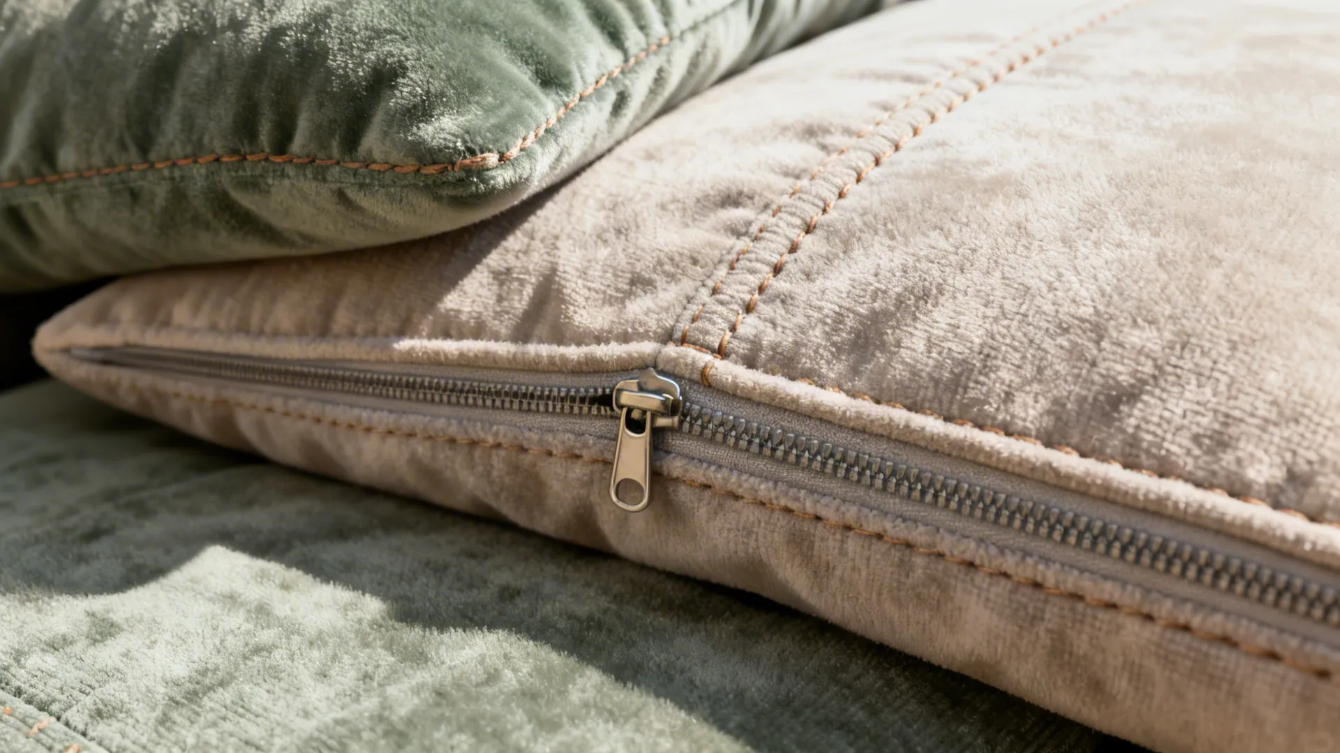 Macro close-up of cushion fabric, zipper and stitching showing removable cover details.